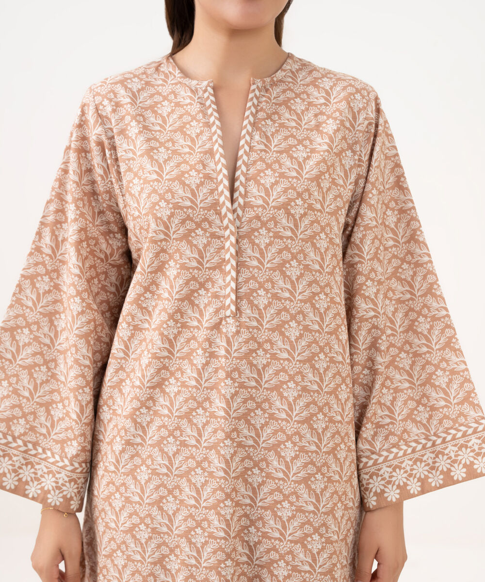 Women's Unstitched Khaddar Printed Beige 3 Piece Suit