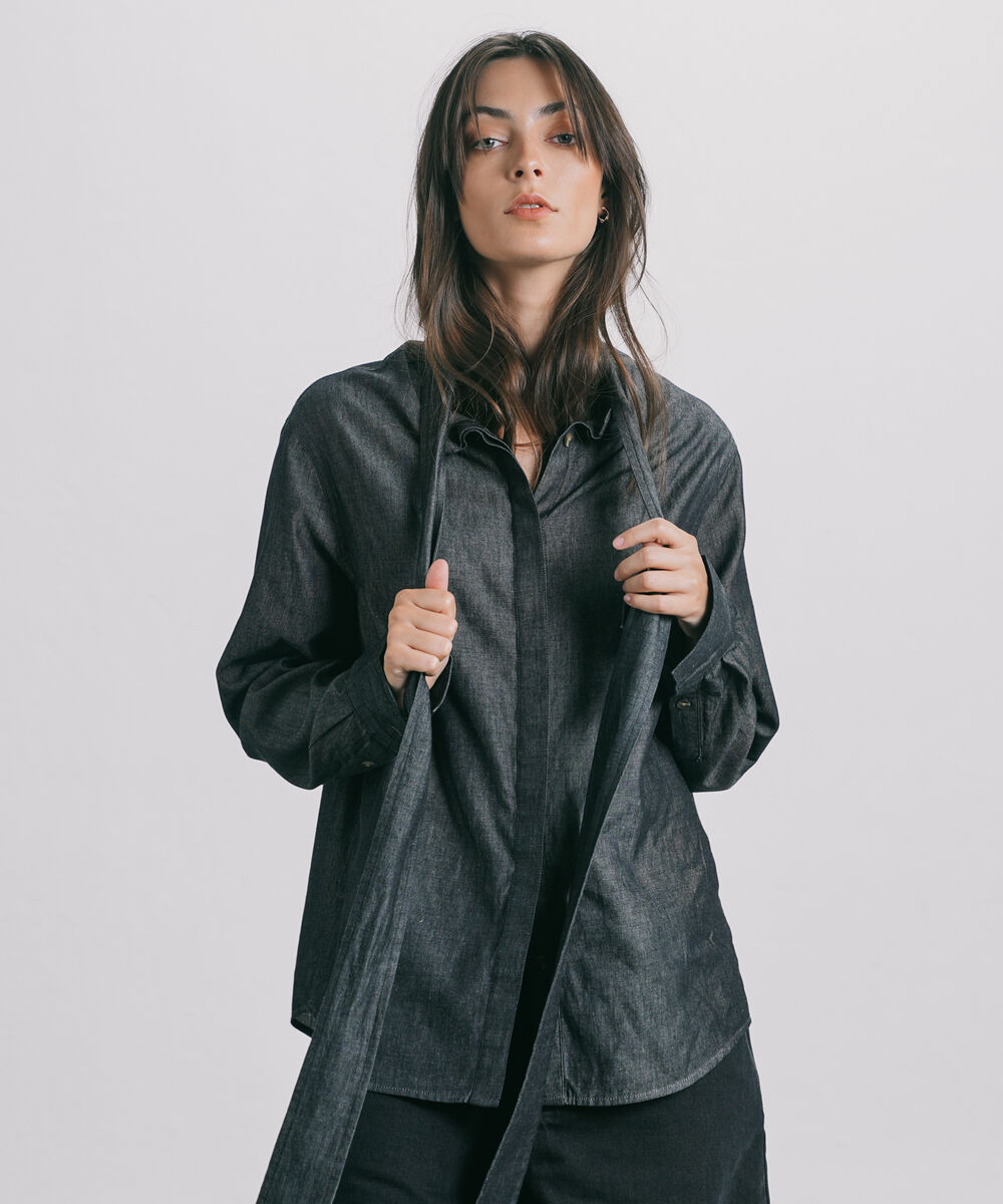 Women's Western Wear Black Denim Shirt With Self-Tie Fastening