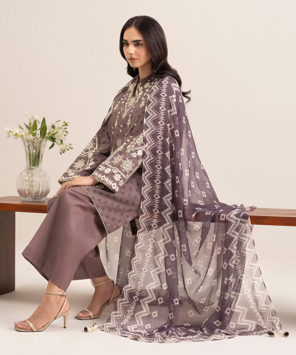 Women's Unstitched Lawn Embroidered Brown 3 Piece Suit