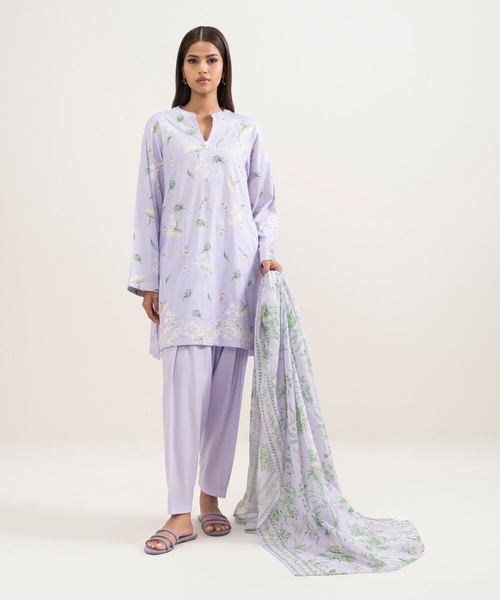 Women's RTW Cotton Viscose Embroidered Purple Straight Shirt