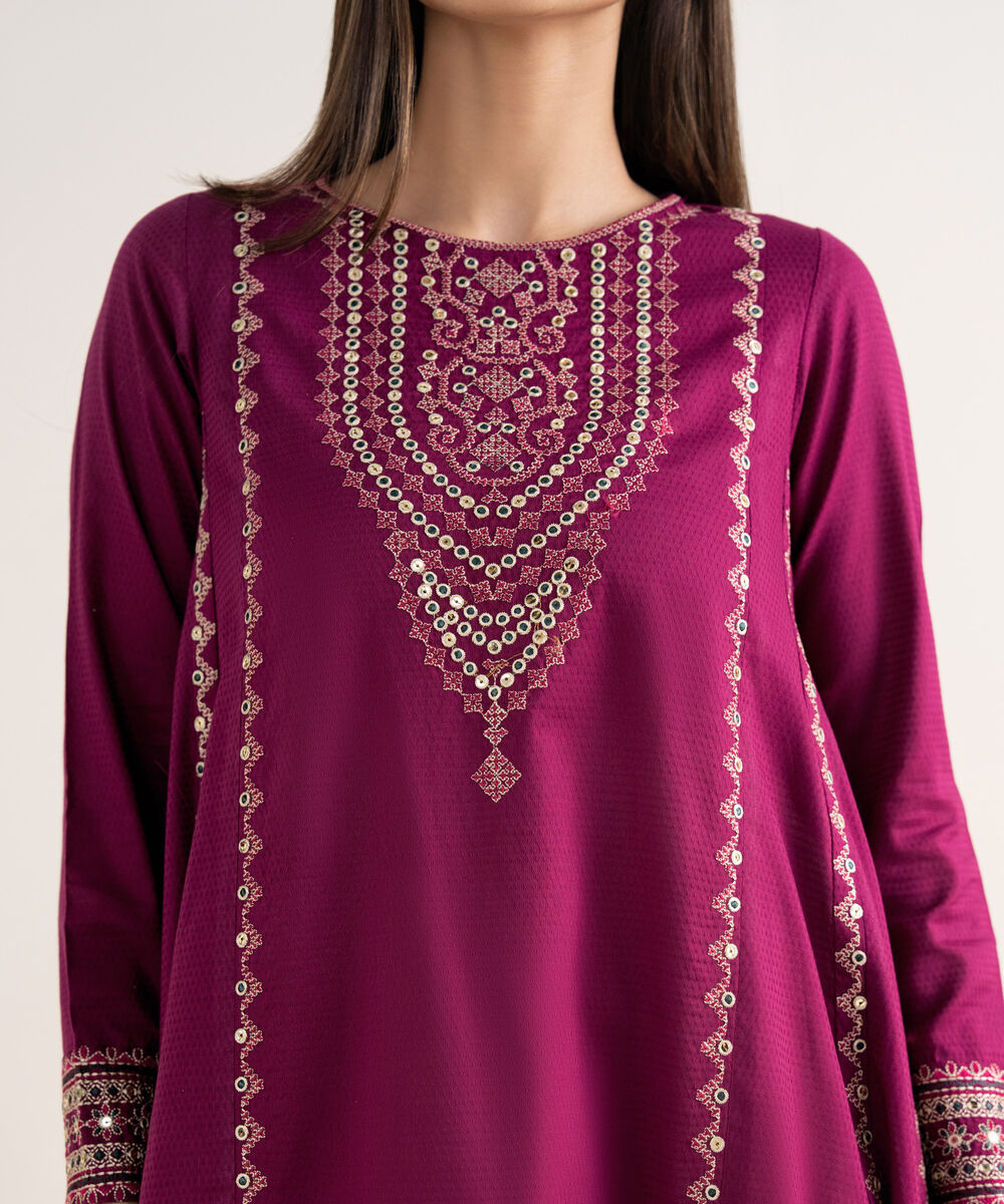 Women's RTW Textured Cotton Crimson Embroidered A-Line Shirt