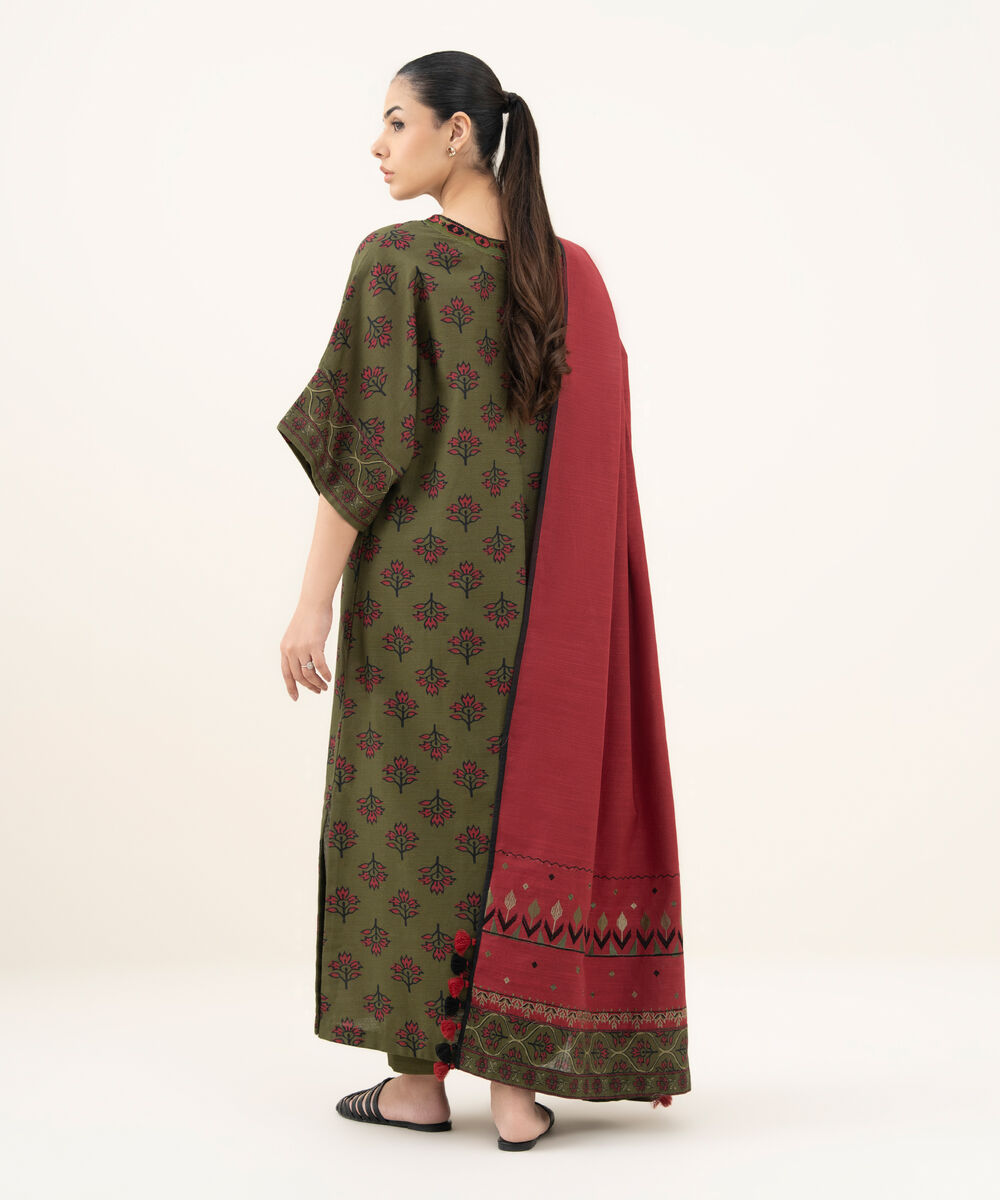 Women's Unstitched Printed Khaddar Olive Green 3 Piece Suit
