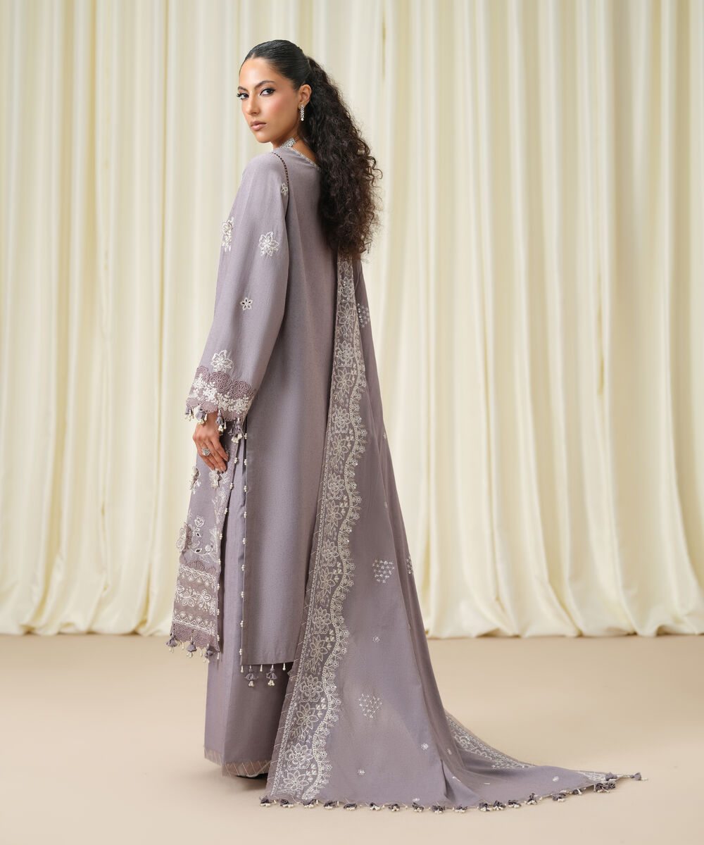 Women's Unstitched Embroidered Cotton Karandi Dusty Mauve 3 Piece Suit