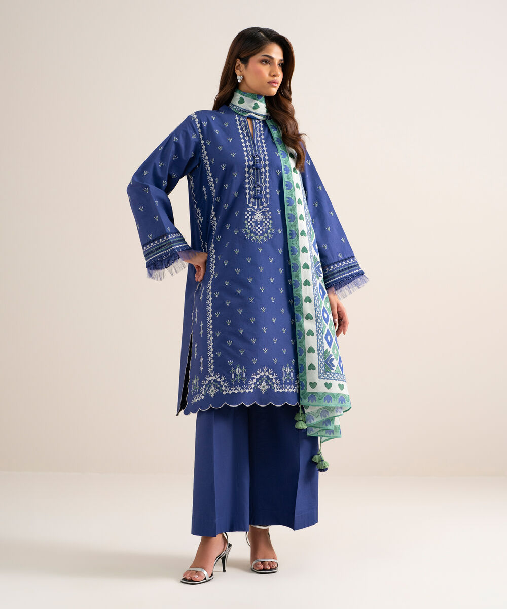 Women's Unstitched Lawn Embroidered Blue  3 Piece Suit