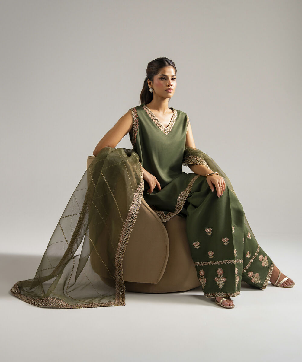 Women's RTW Raw Silk Embroidered Olive Green 3 Piece Suit