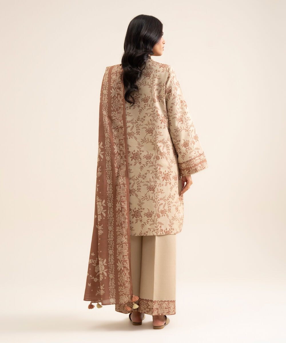 Women's Unstitched Light Khaddar Printed Light Beige 3 Piece Suit