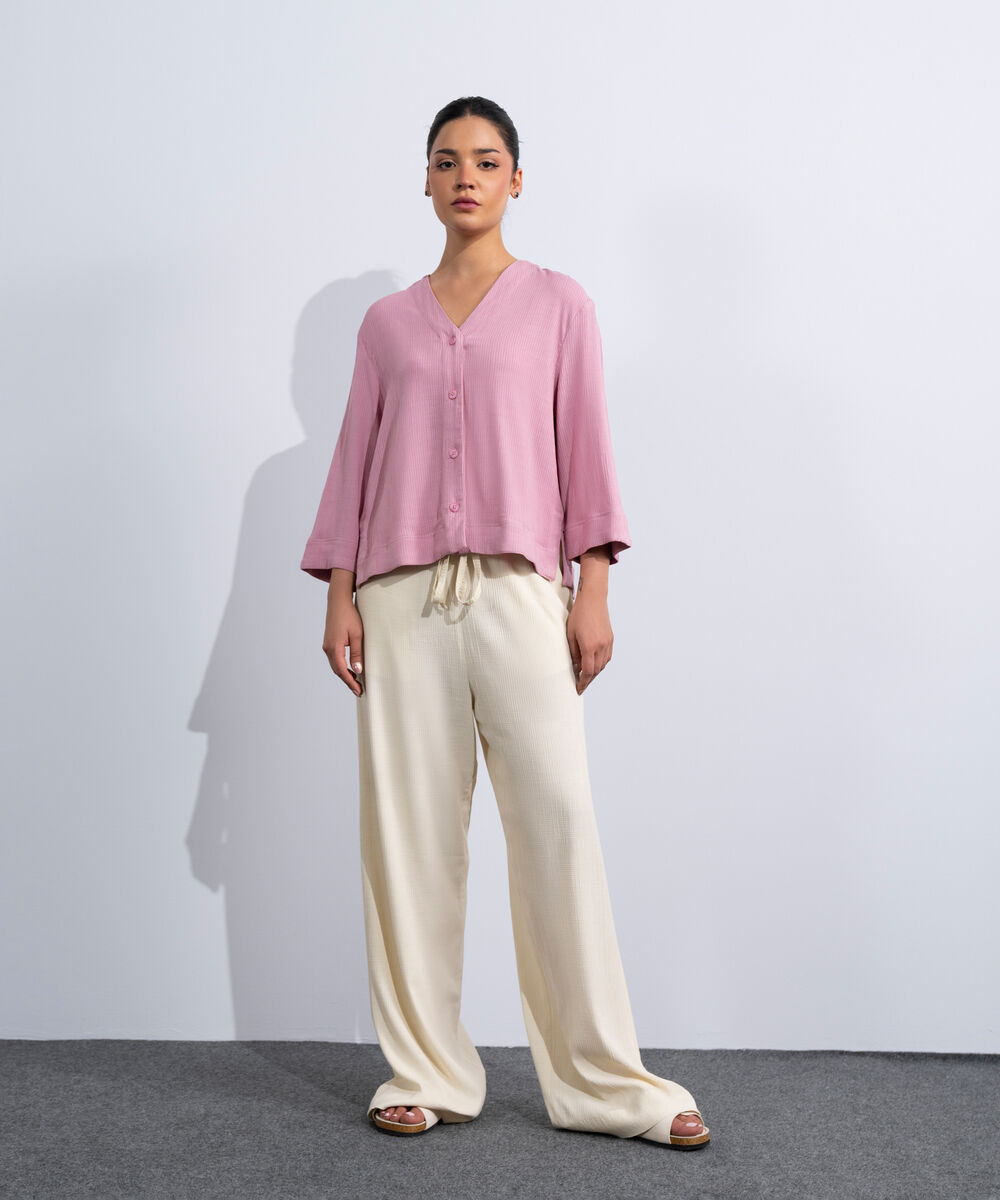 Women's Western Pink V-Neck Seersucker Shirt