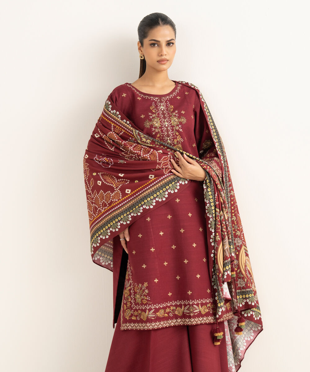 Women's Unstitched Textured Cotton Embroidered Red 3 Piece Suit