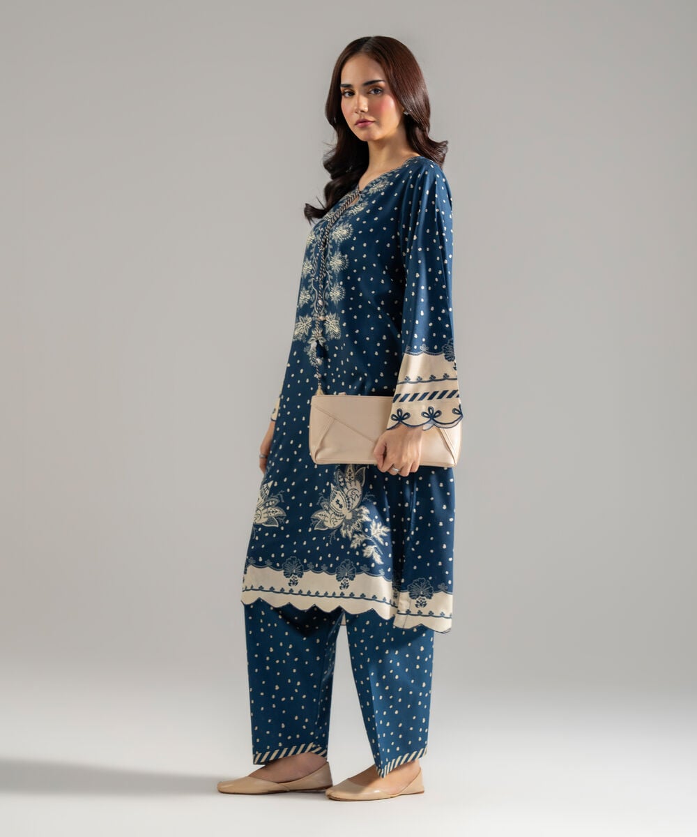 Women's RTW Arabic Lawn Printed Blue Straight Shirt