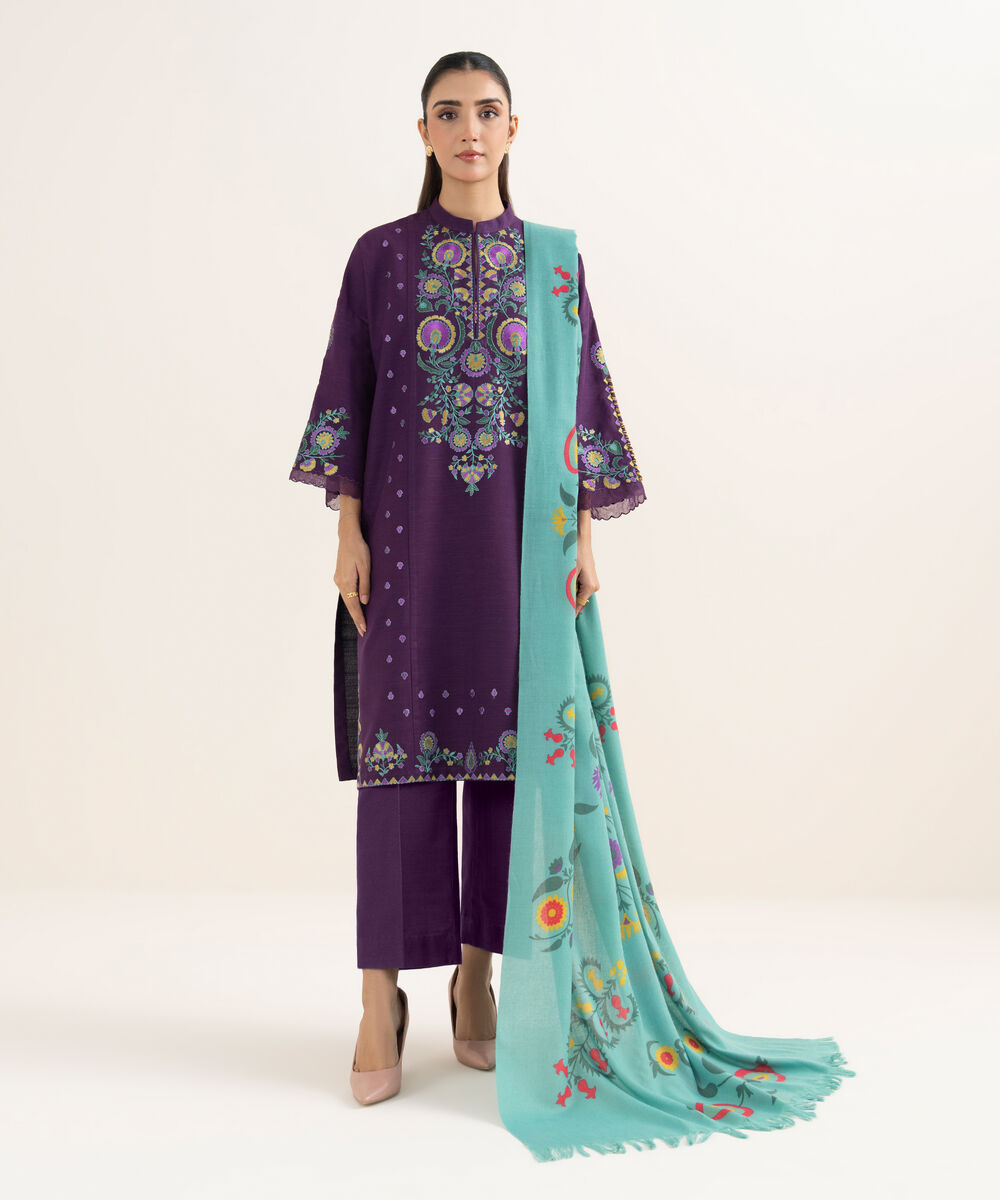 Women's Unstitched Embroidered Khaddar Purple 3 Piece Suit