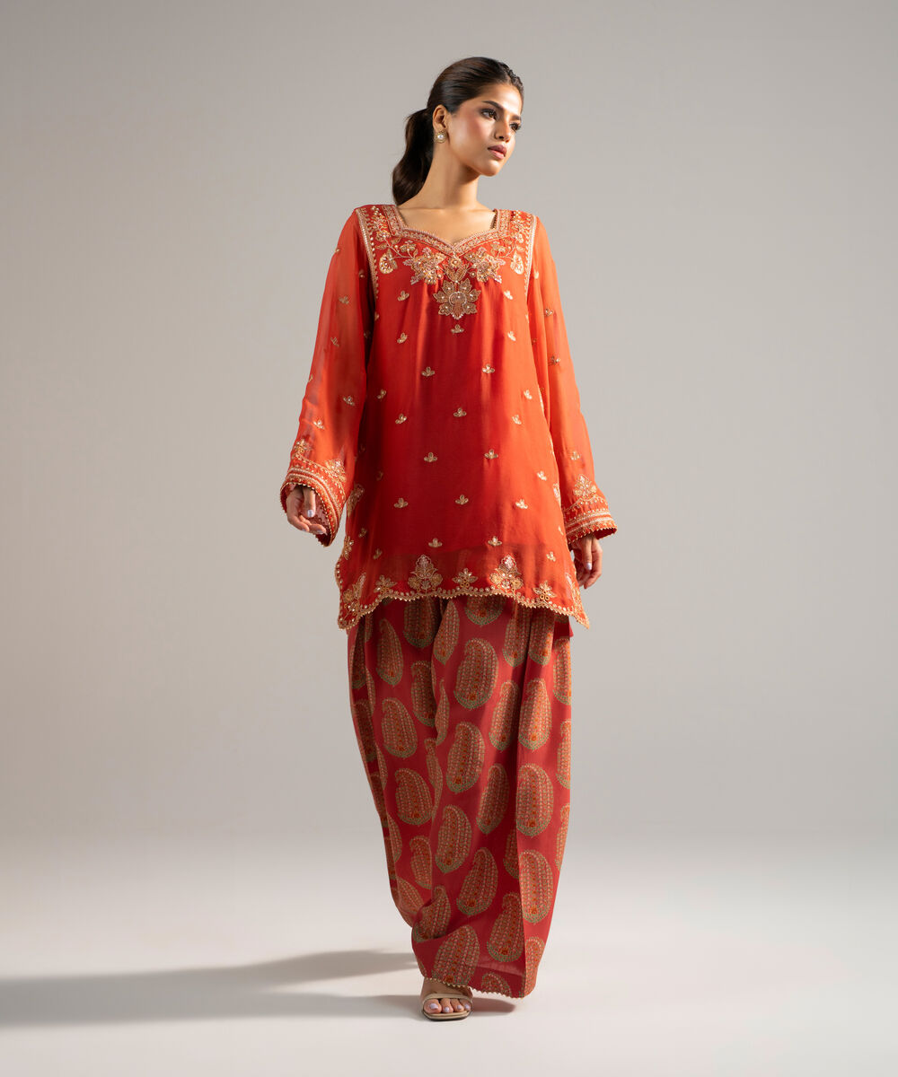 Women's RTW Chiffon Embroidered Rust 2 Piece Suit