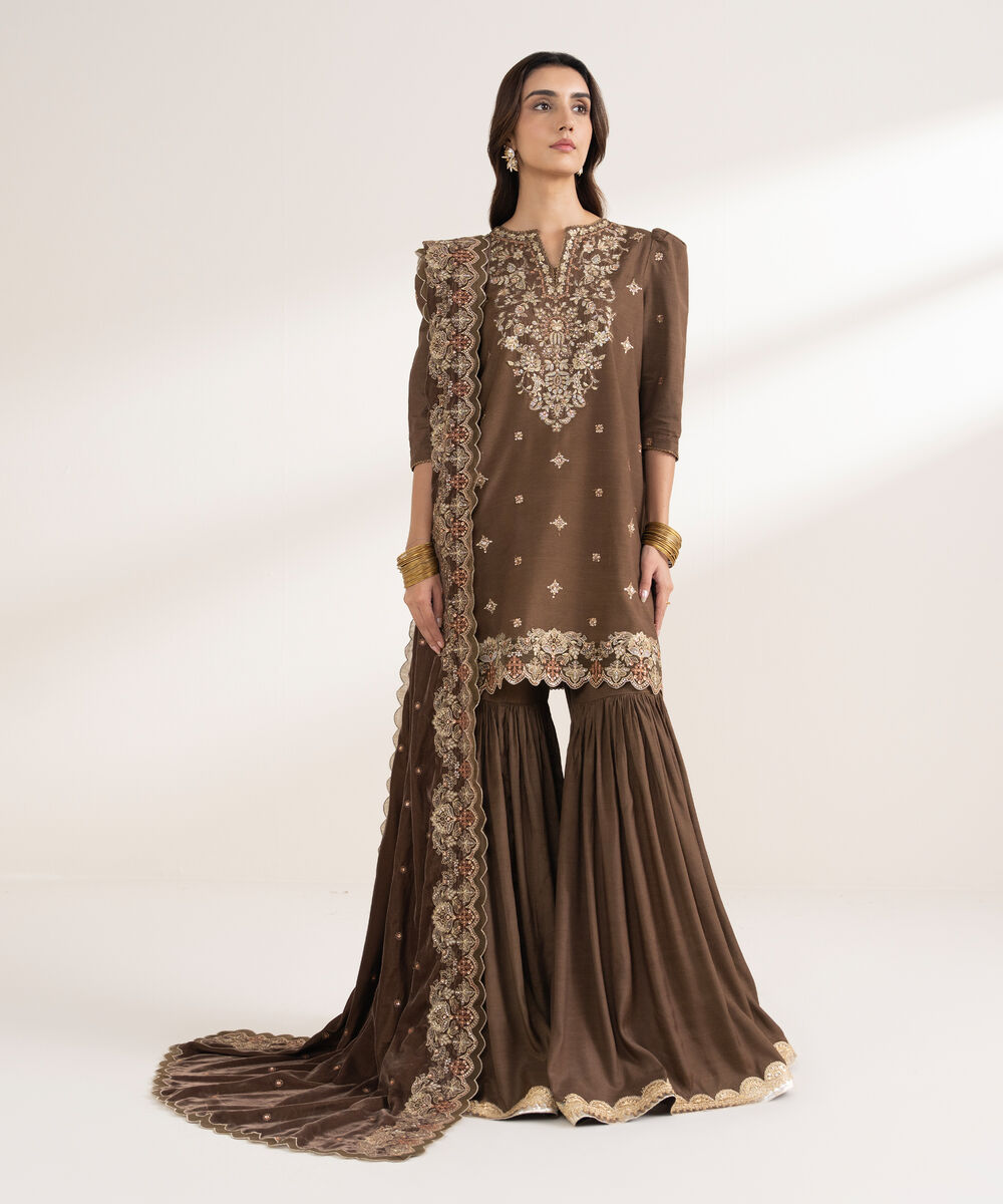 Women's Unstitched Embroidered Viscose Raw Silk Brown 3 Piece Suit