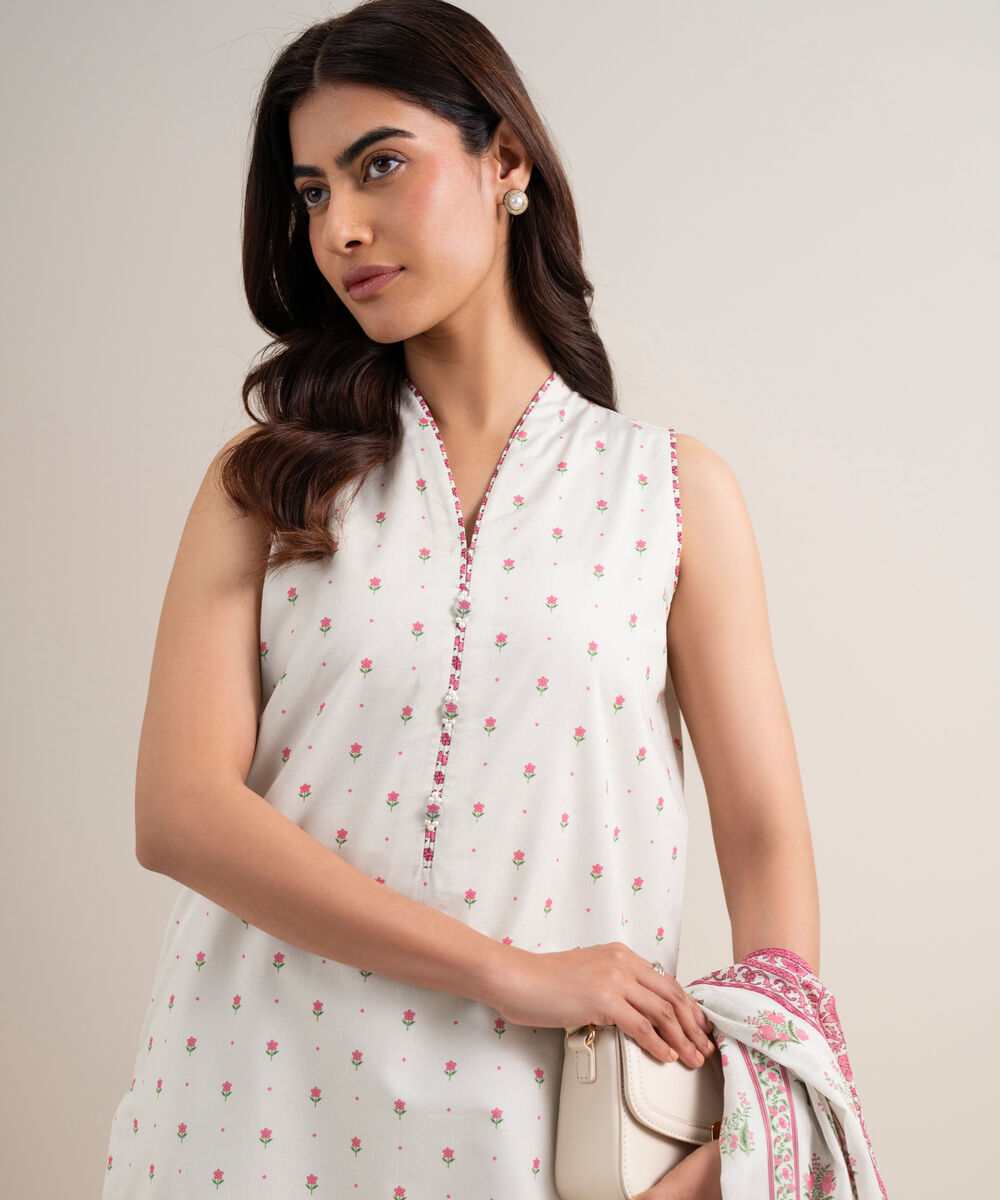 Women's Unstitched Lawn Printed Off White 3 Piece Suit
