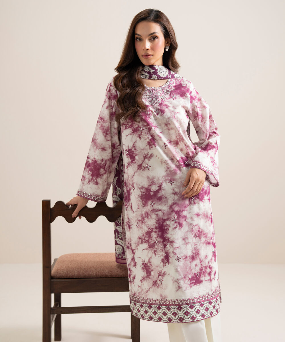 Women's Unstitched Lawn Embroidered Off White and Black 3 Piece Suit