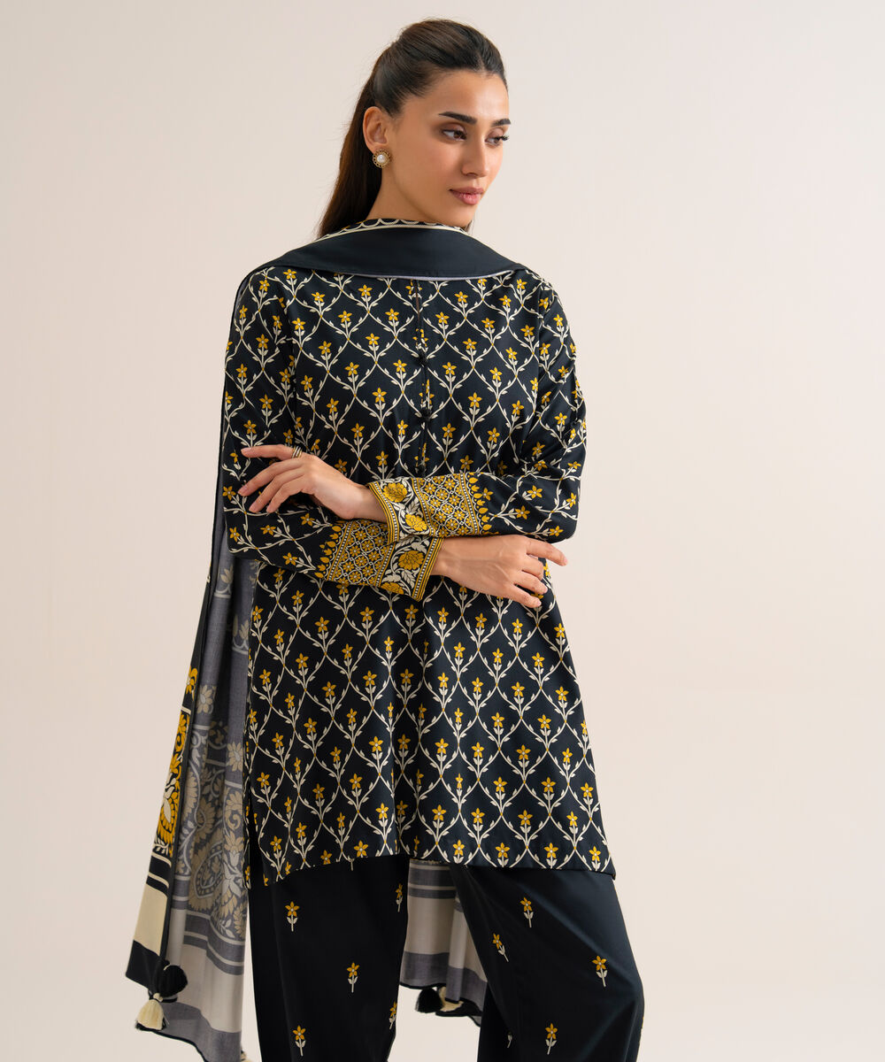 Women's Unstitched Viscose Linen Printed Black 3 Piece Suit