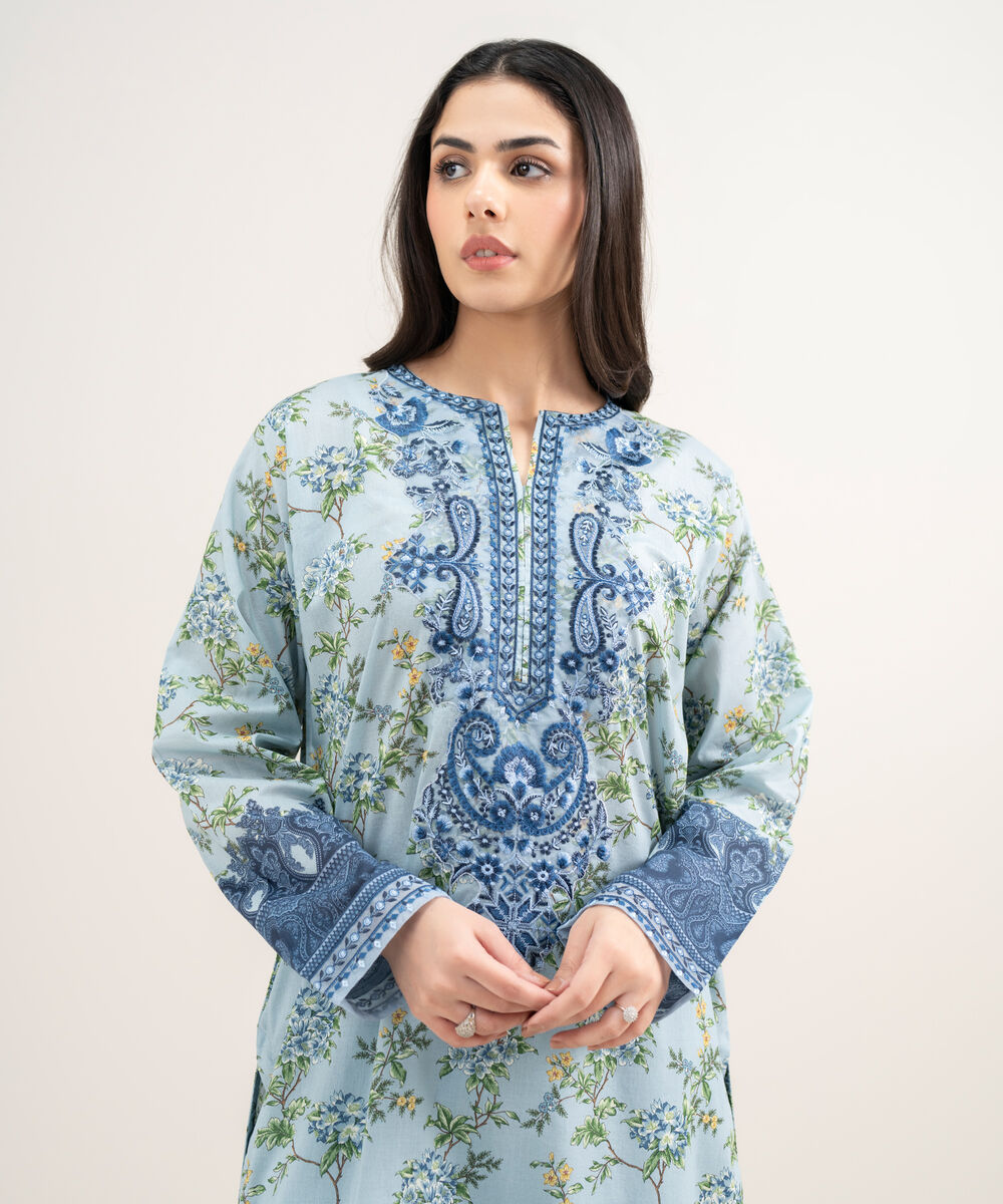 Women's RTW Lawn Embroidered Blue Straight Shirt