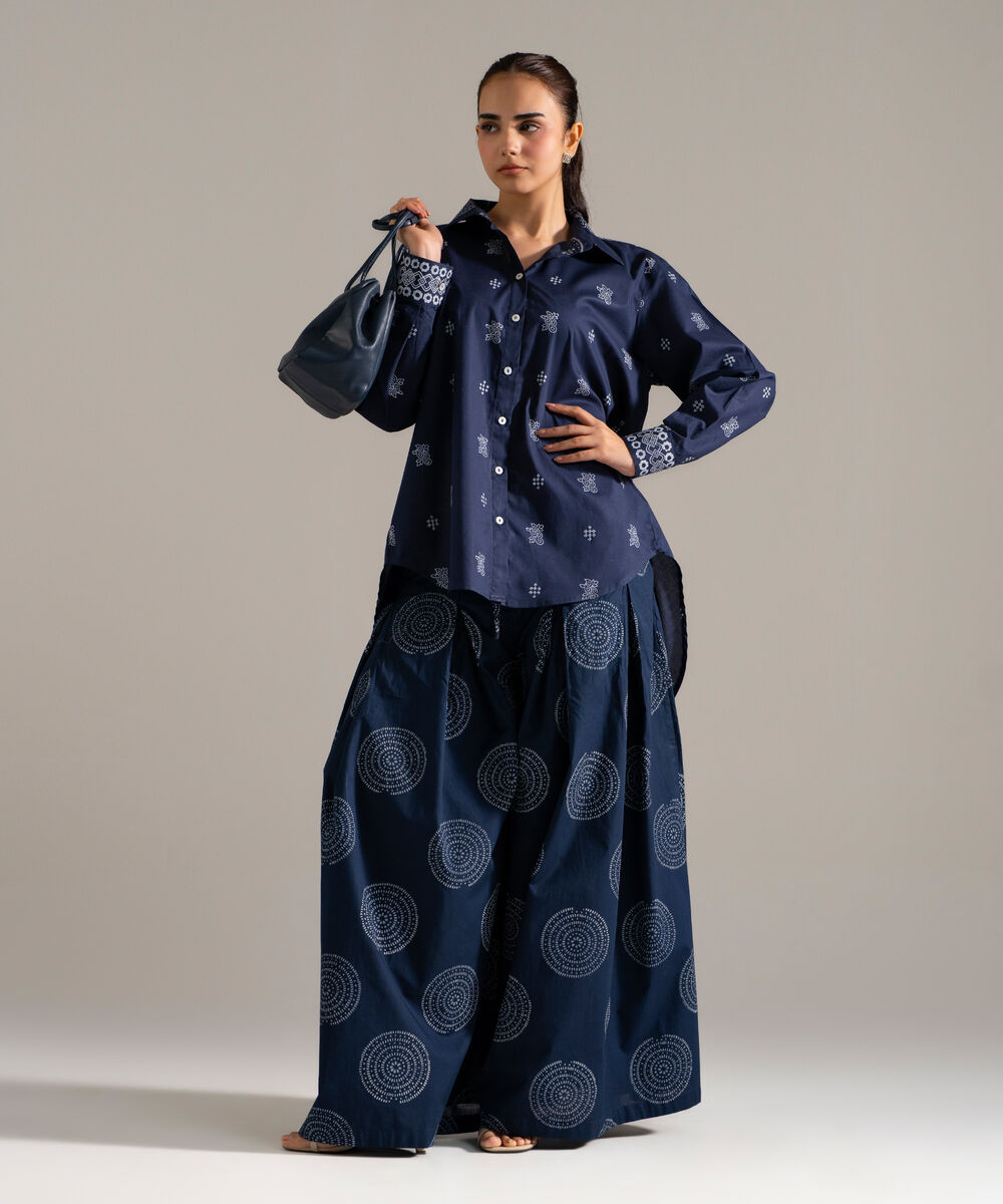Women's RTW Lawn Printed Blue Straight Shirt
