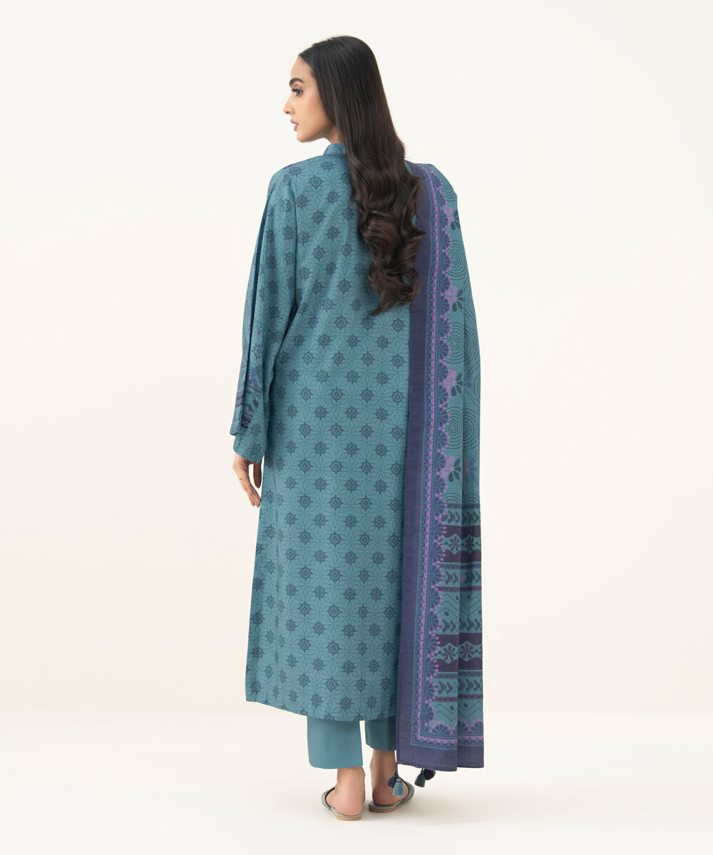 Women's Unstitched Printed Linen Blue 3 Piece Suit