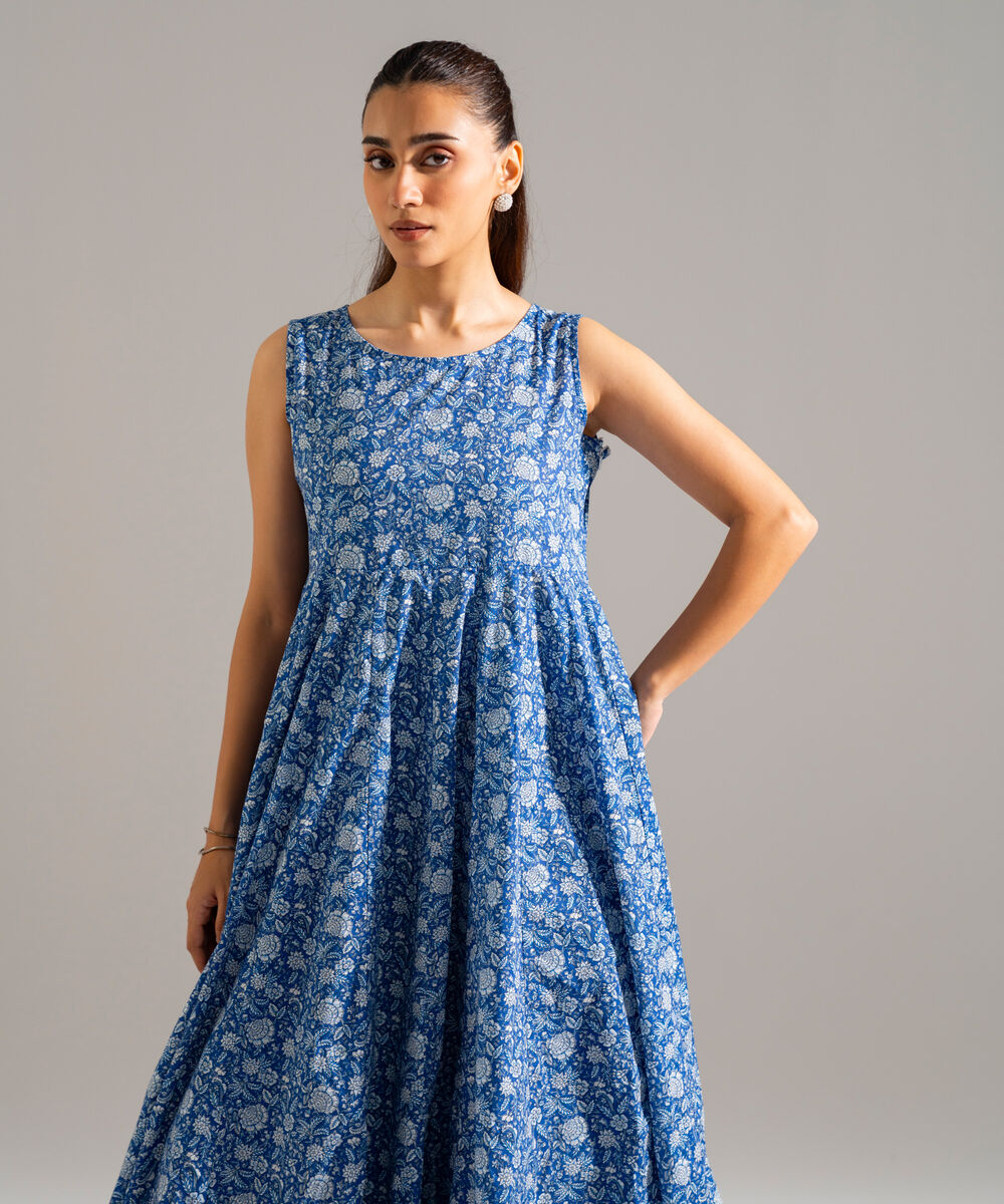 Women's RTW Slub Lawn Printed Blue Peshwas