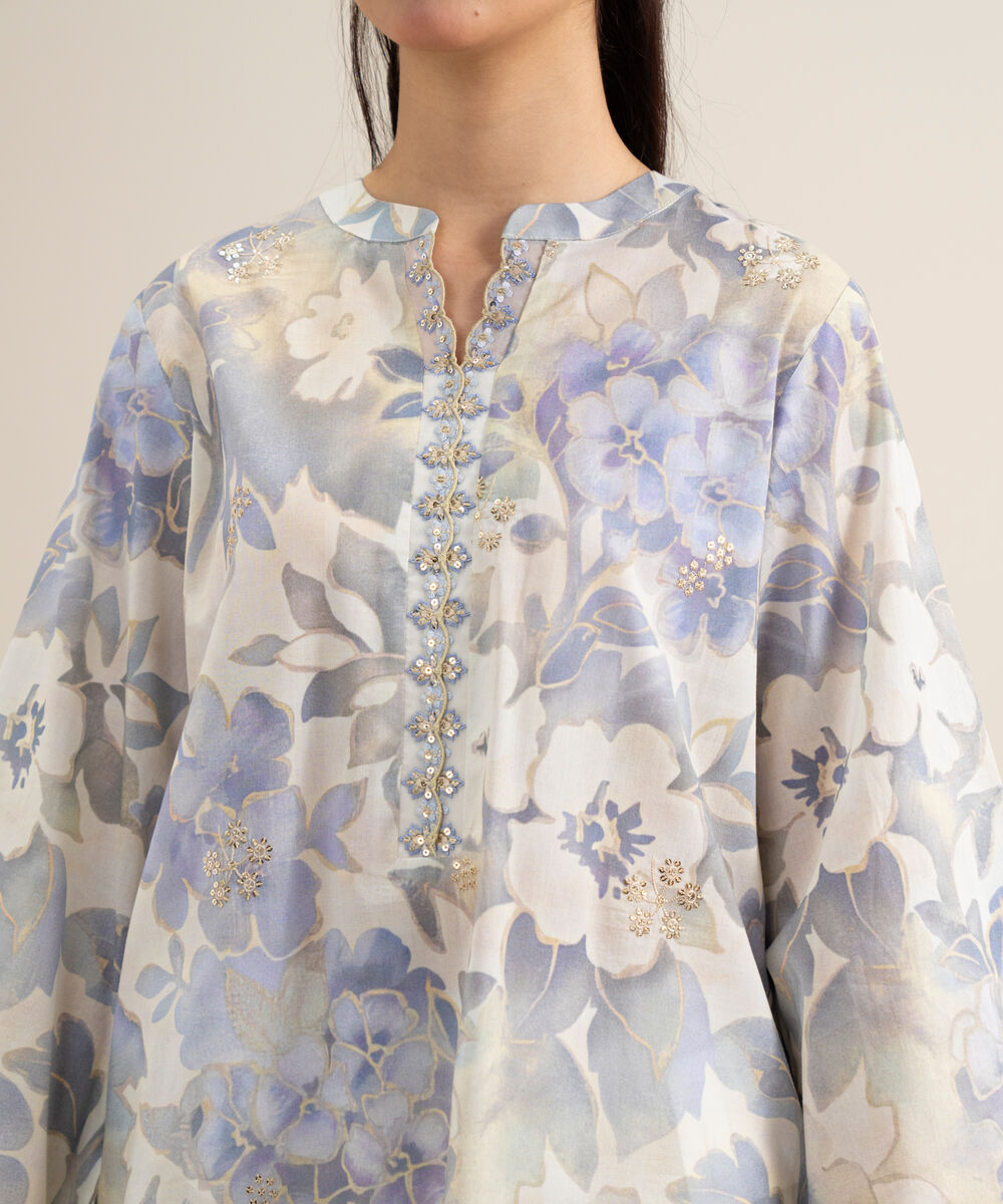 Women's Unstitched Lawn Embroidered Tea Pink and Off White 3 Piece Suit