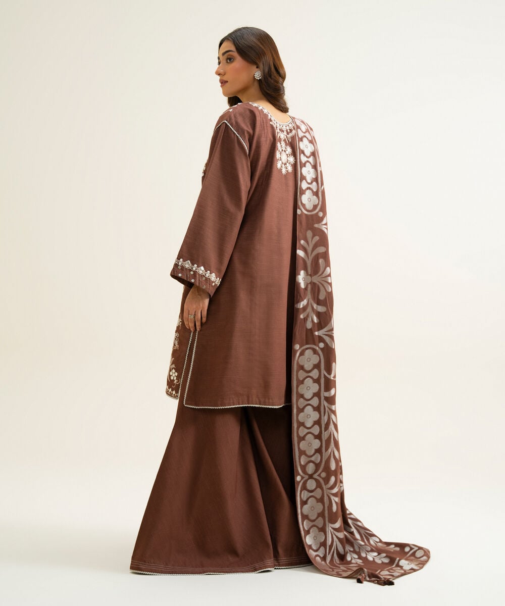 Women's Unstitched Light Khaddar Embroidered Brown & Off White 3 Piece Suit