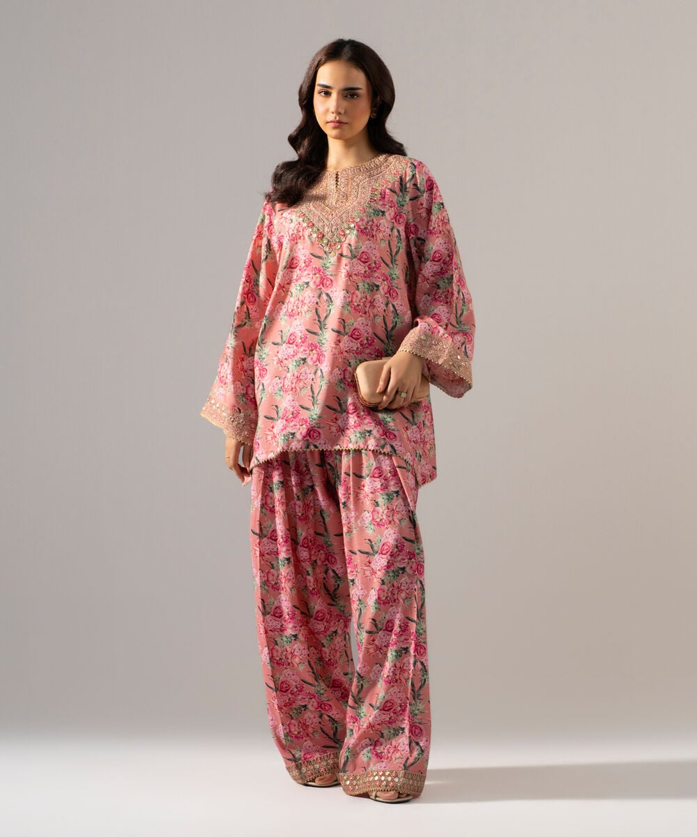 Women's RTW PK Raw Silk Printed Embroidered Pink 2 Piece Suit