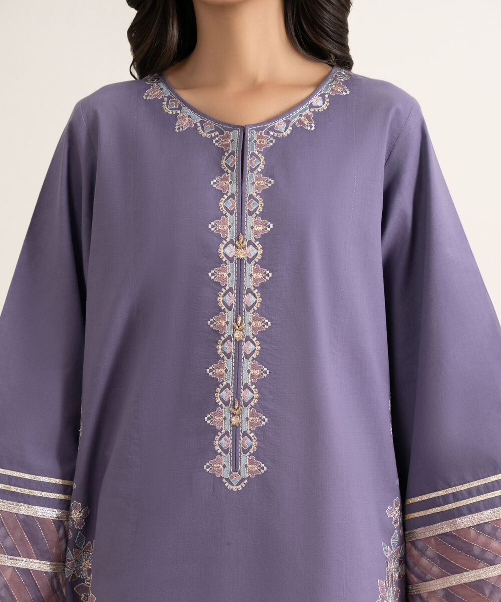 Women's Unstitched Textured Lawn Embroidered Purple 3 Piece Suit