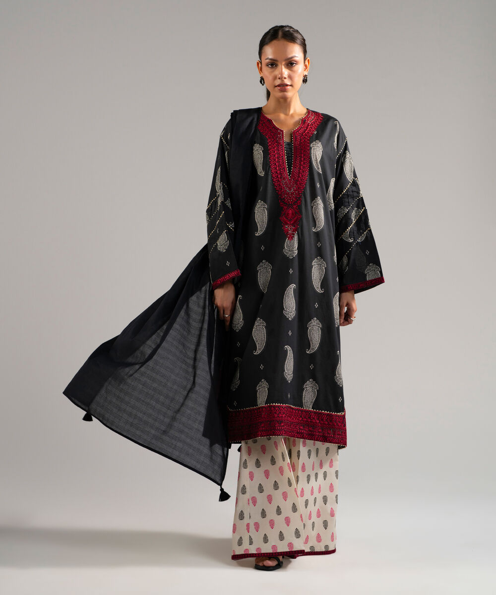 Women's RTW Lawn Embroidered Black 3 Piece Suit