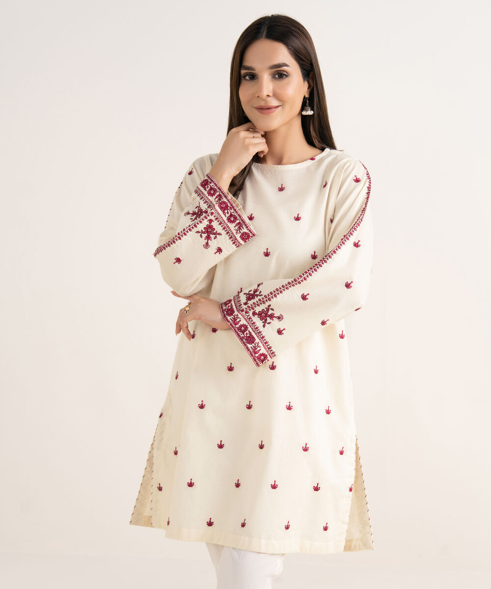 Women's RTW Textured Cotton White Embroidered A-Line Shirt