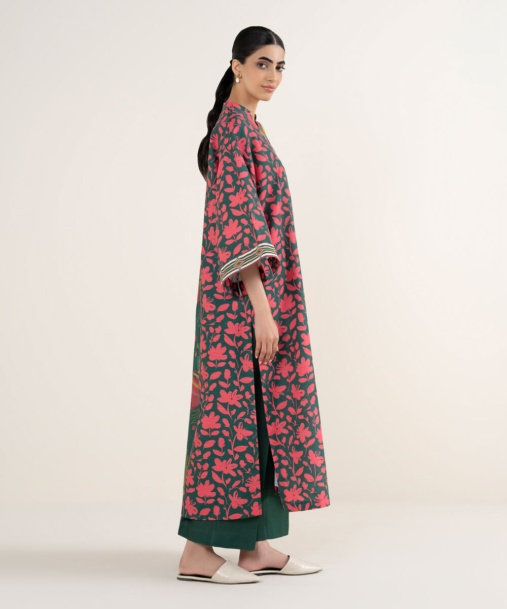 Women's Unstitched Printed Khaddar Forest Green and Bright Maron 3 Piece Suit