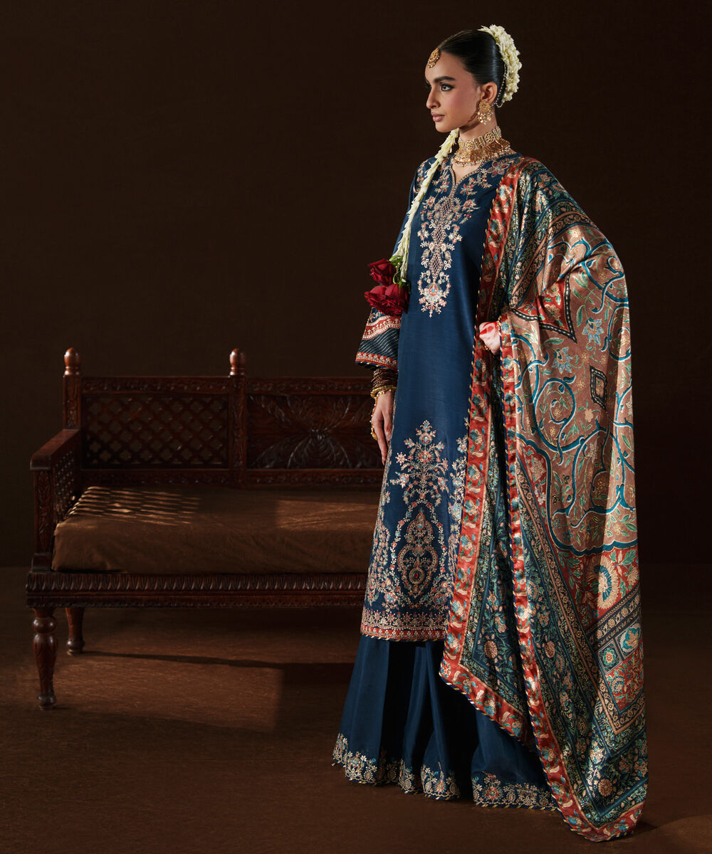 Women's Unstitched Embroidered Blended Raw Silk Blue 3 Piece Suit