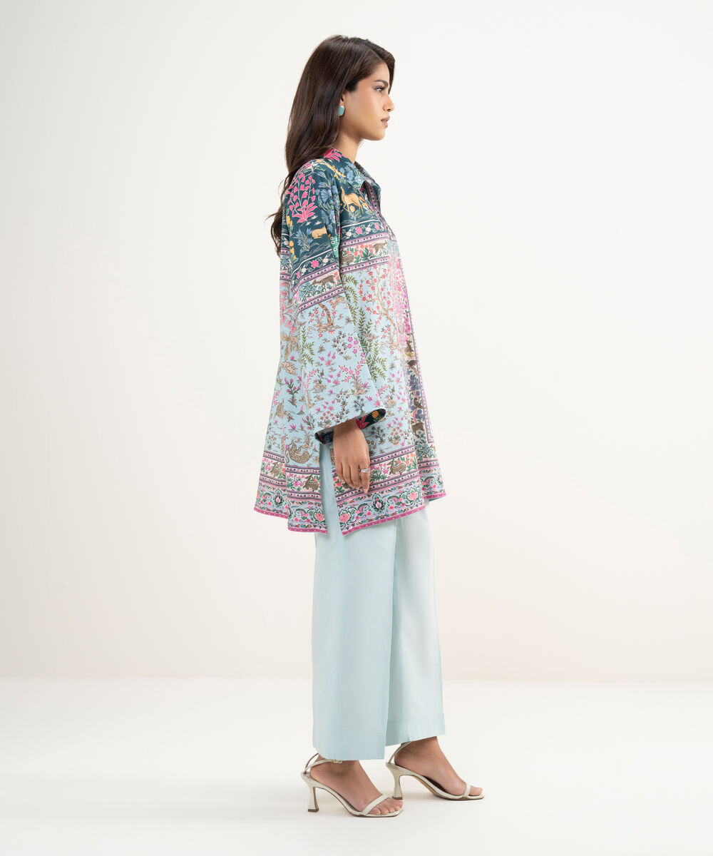 Women's RTW Premium Visocose Satin Printed Blue Straight Shirt