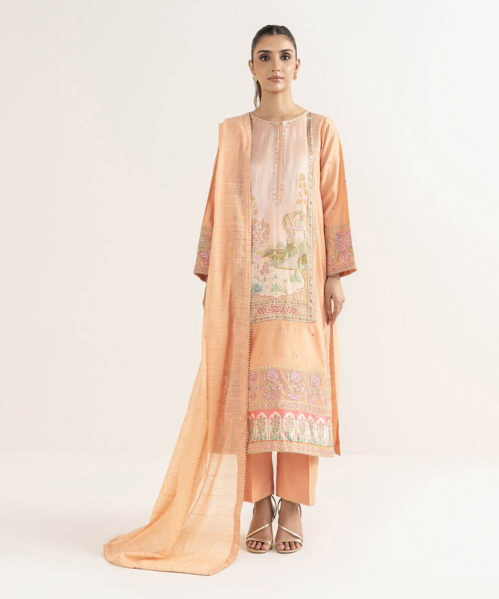 Women's RTW Silk Cotton Net Embroidered A-Line Orange Shirt