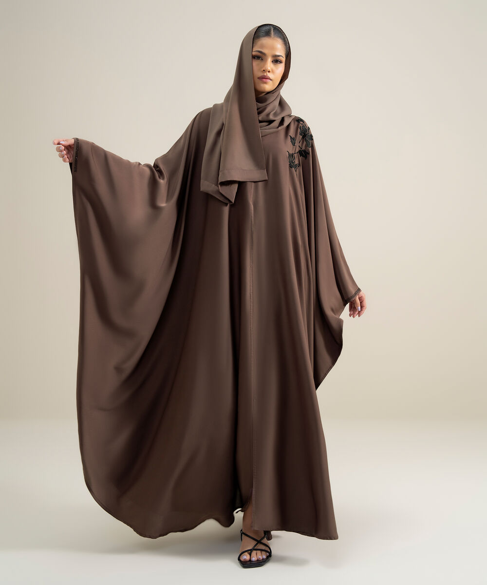 Women's Polyester Brown Embellished Cape Abbaya Set