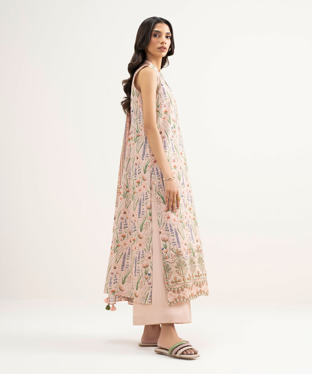 Women's Unstitched Zari Lawn Embroidered Pink 3 Piece Suit