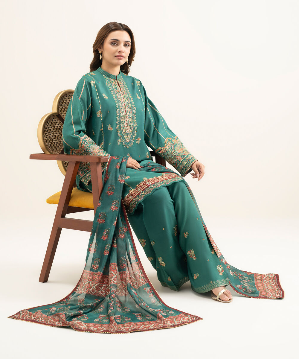Women's Unstitched Blended Raw Silk Embroidered Green 3 Piece Suit