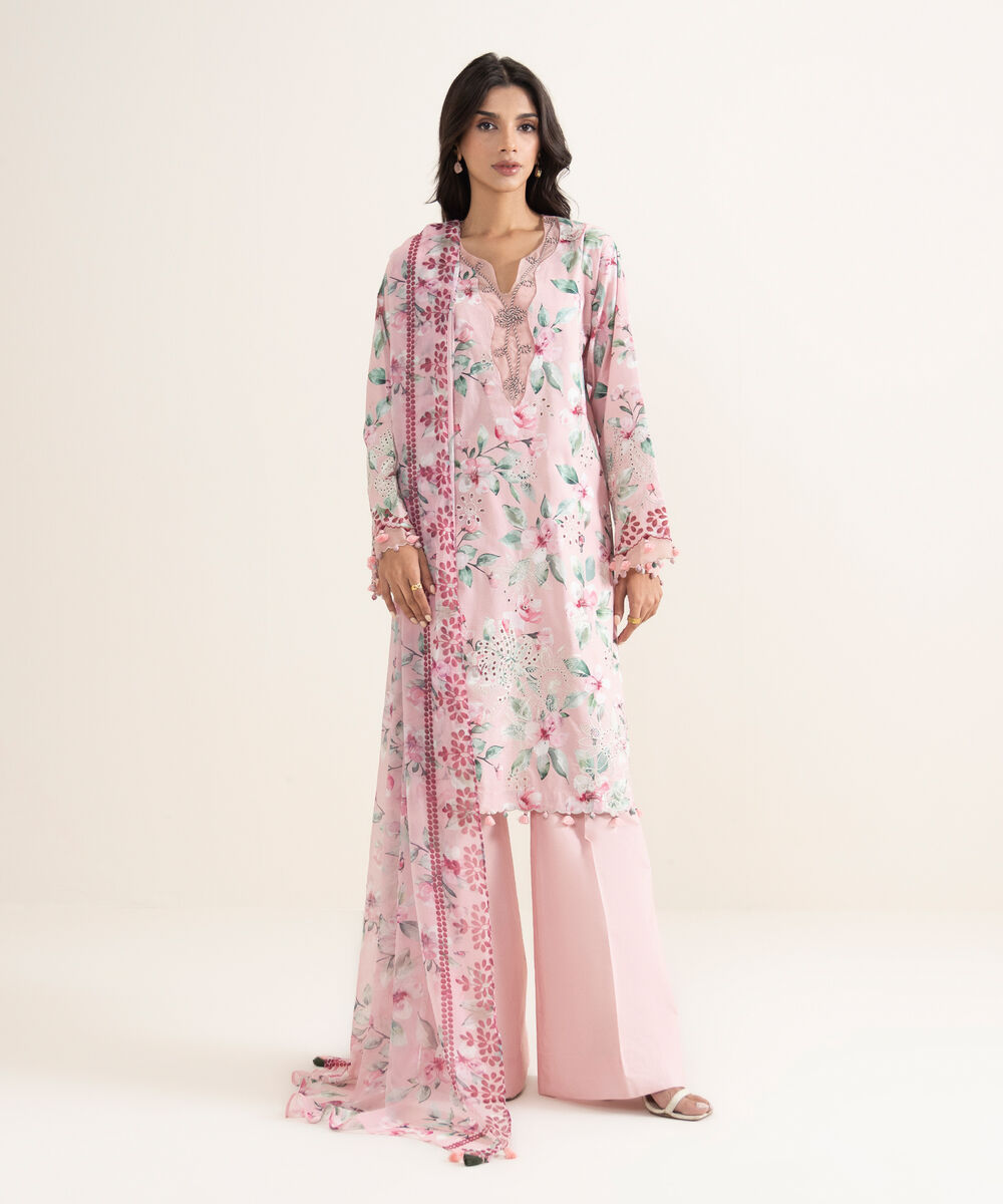 Women's Unstitched Lawn Embroidered Pink  3 Piece Suit