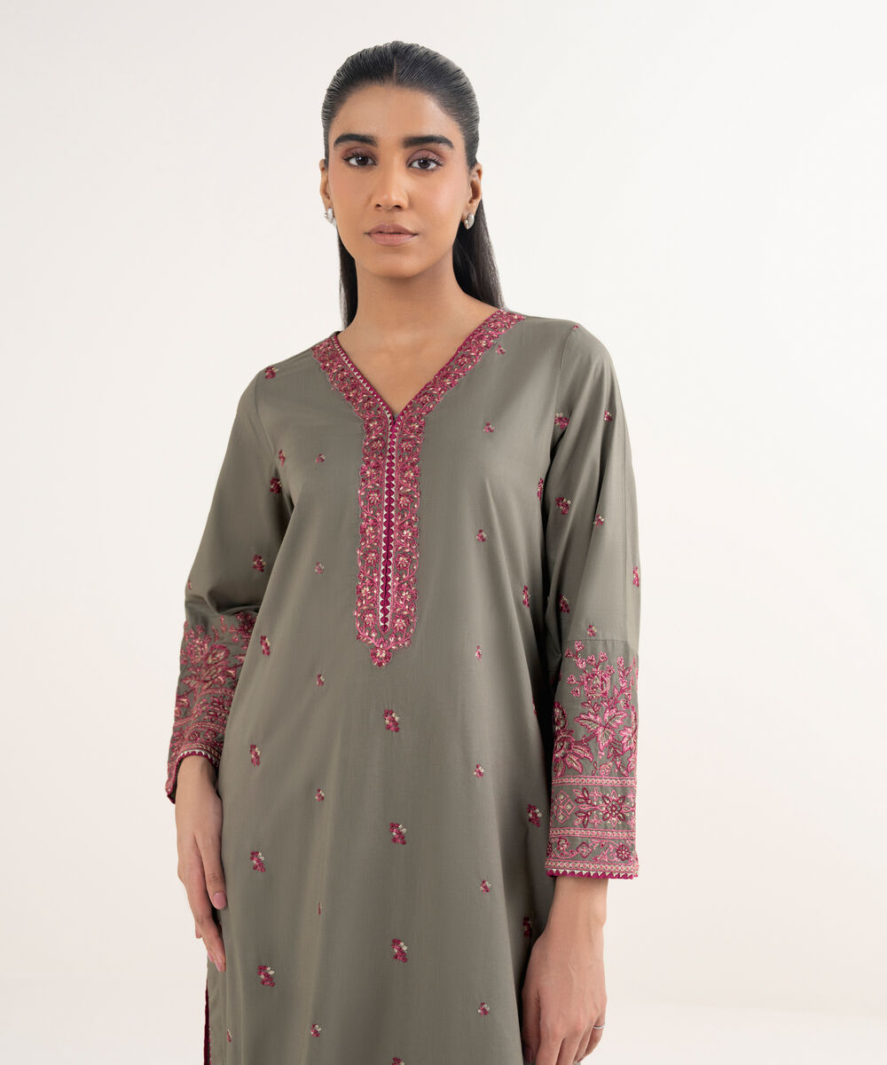 Women's RTW Cotton Viscose Embroidered Grey Straight Shirt