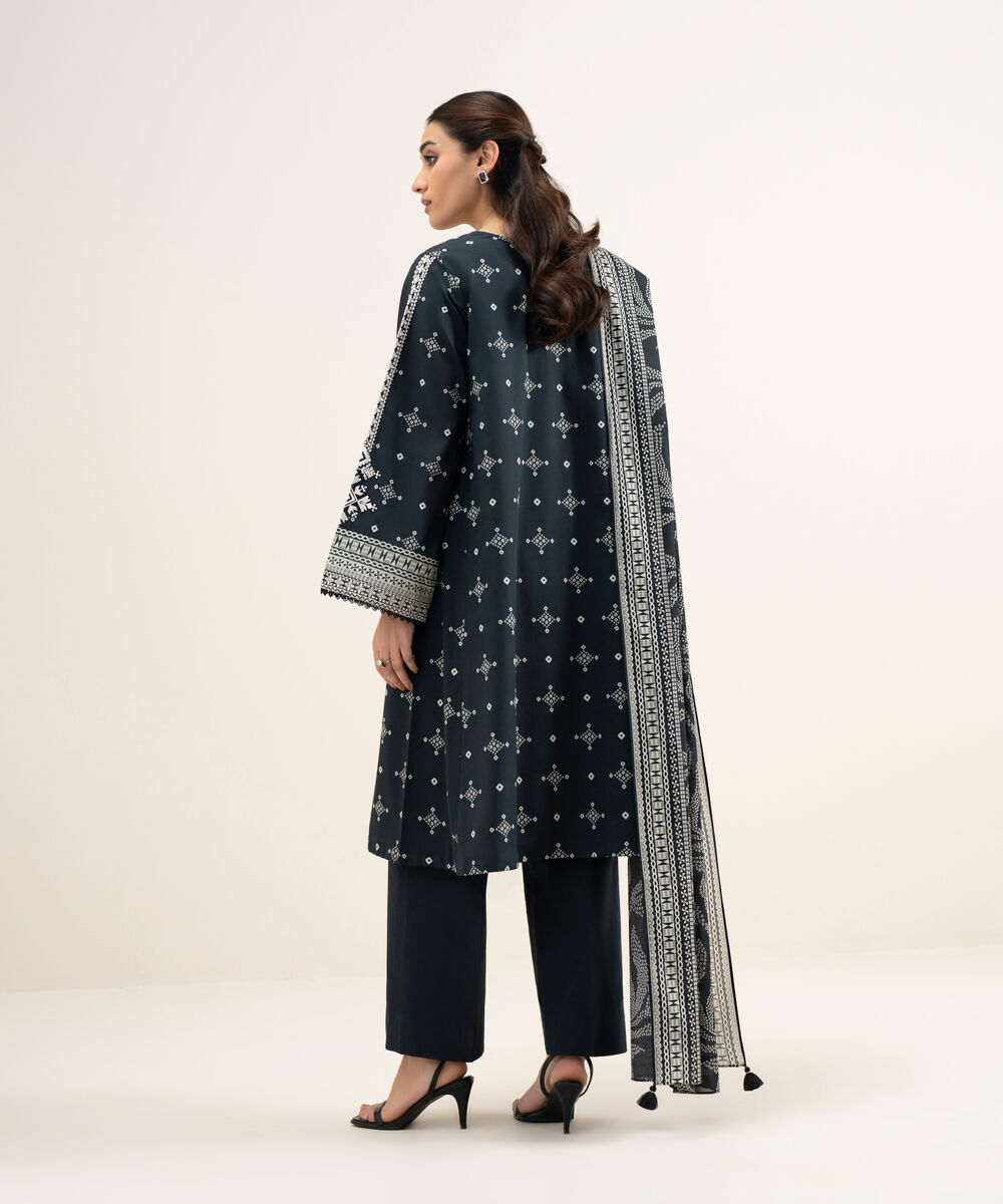 Women's Unstitched Lawn Embroidered Black and Off White 3 Piece Suit