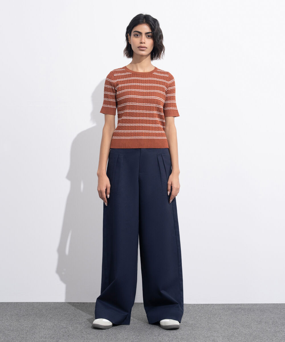 Women's Western Wear Brown Short Sleeve Striped Sweater