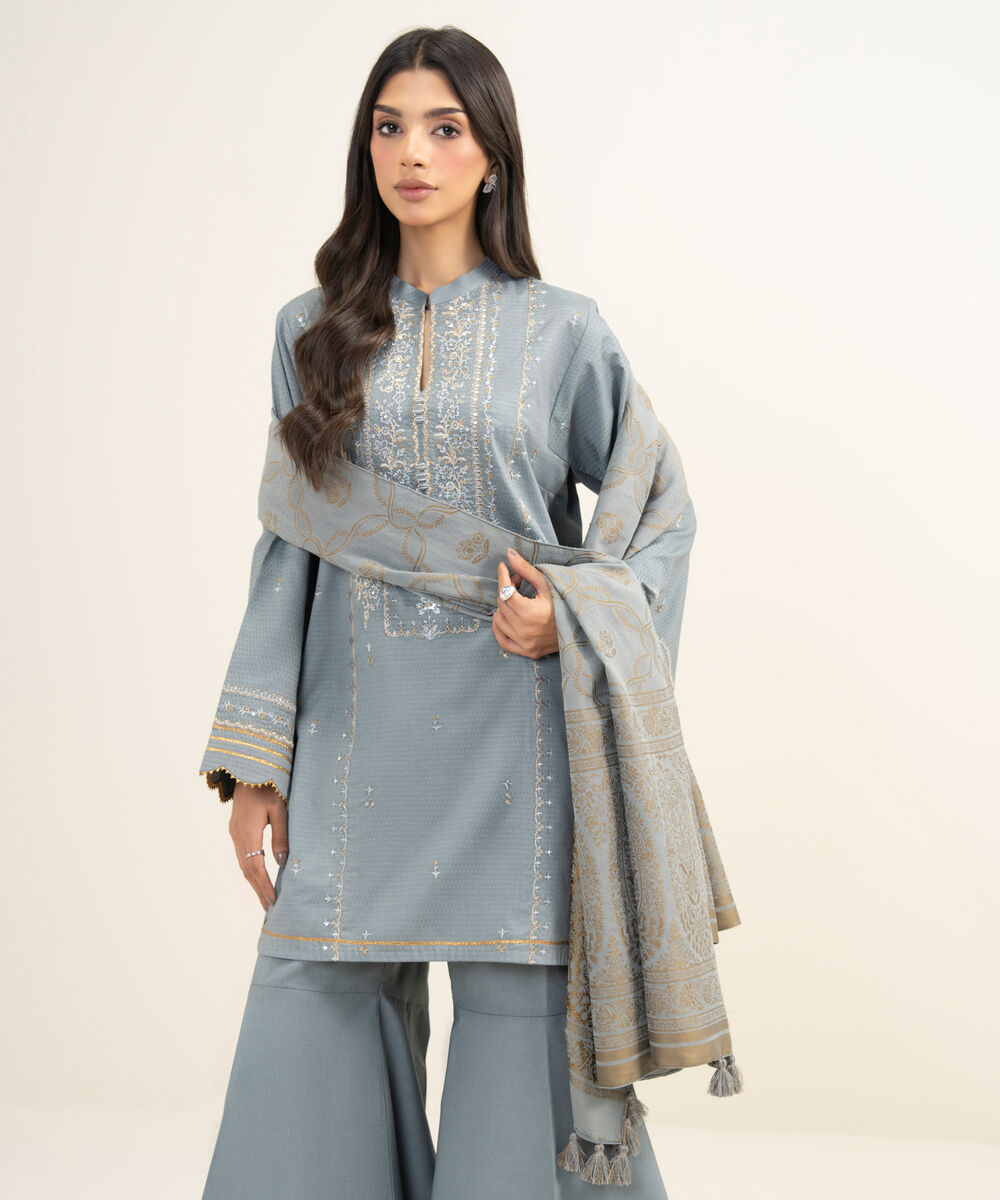 Women's Unstitched Dobby Embroidered Grey 3 Piece Suit