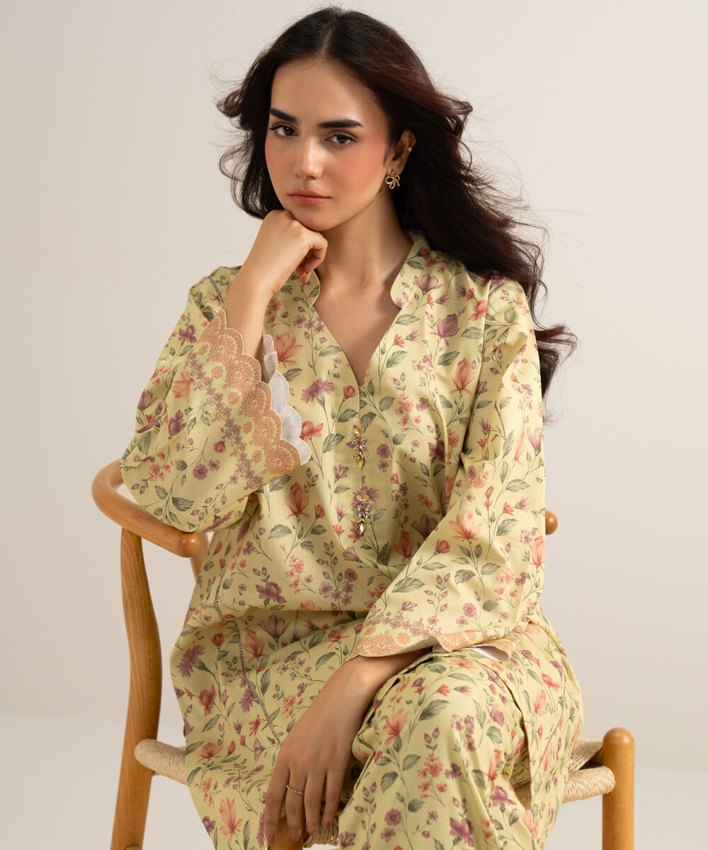 Women's Unstitched Lawn Printed Yellow  2 Piece Suit