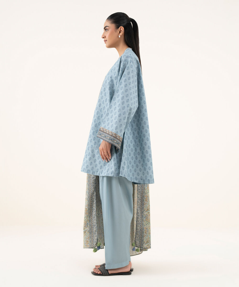 Women's Unstitched Cotton Printed Blue Three Piece Suit