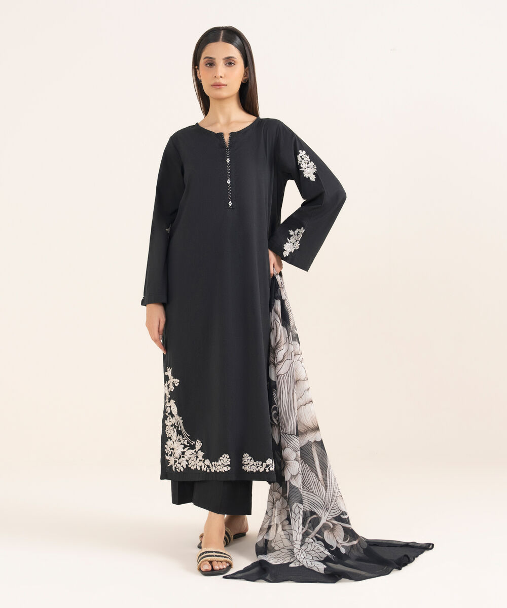 Women's RTW Lawn Viscose Black Embroidered Straight Shirt