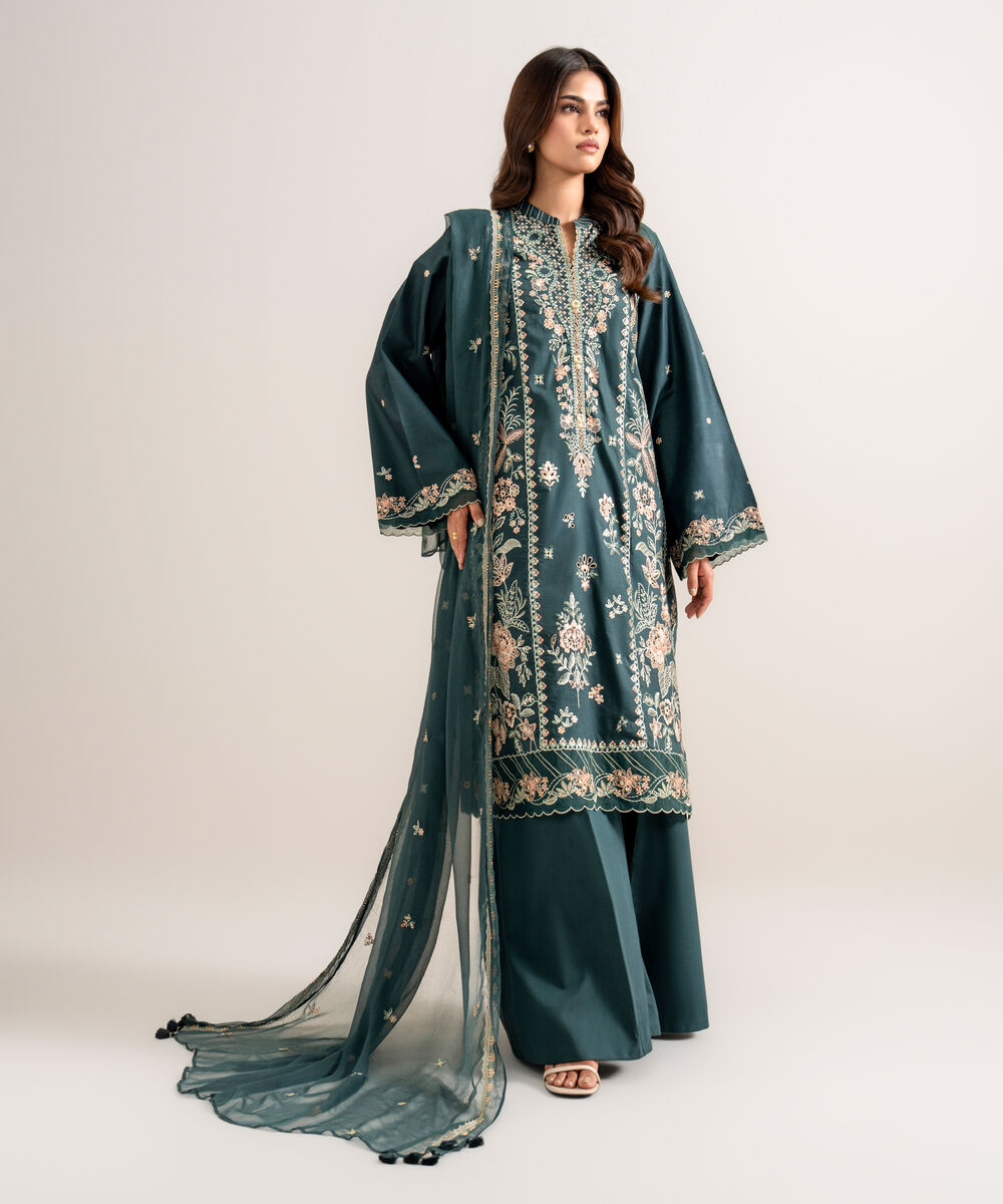 Women's Unstitched Embroidered Cotton Viscose Teal Green 3 Piece Suit