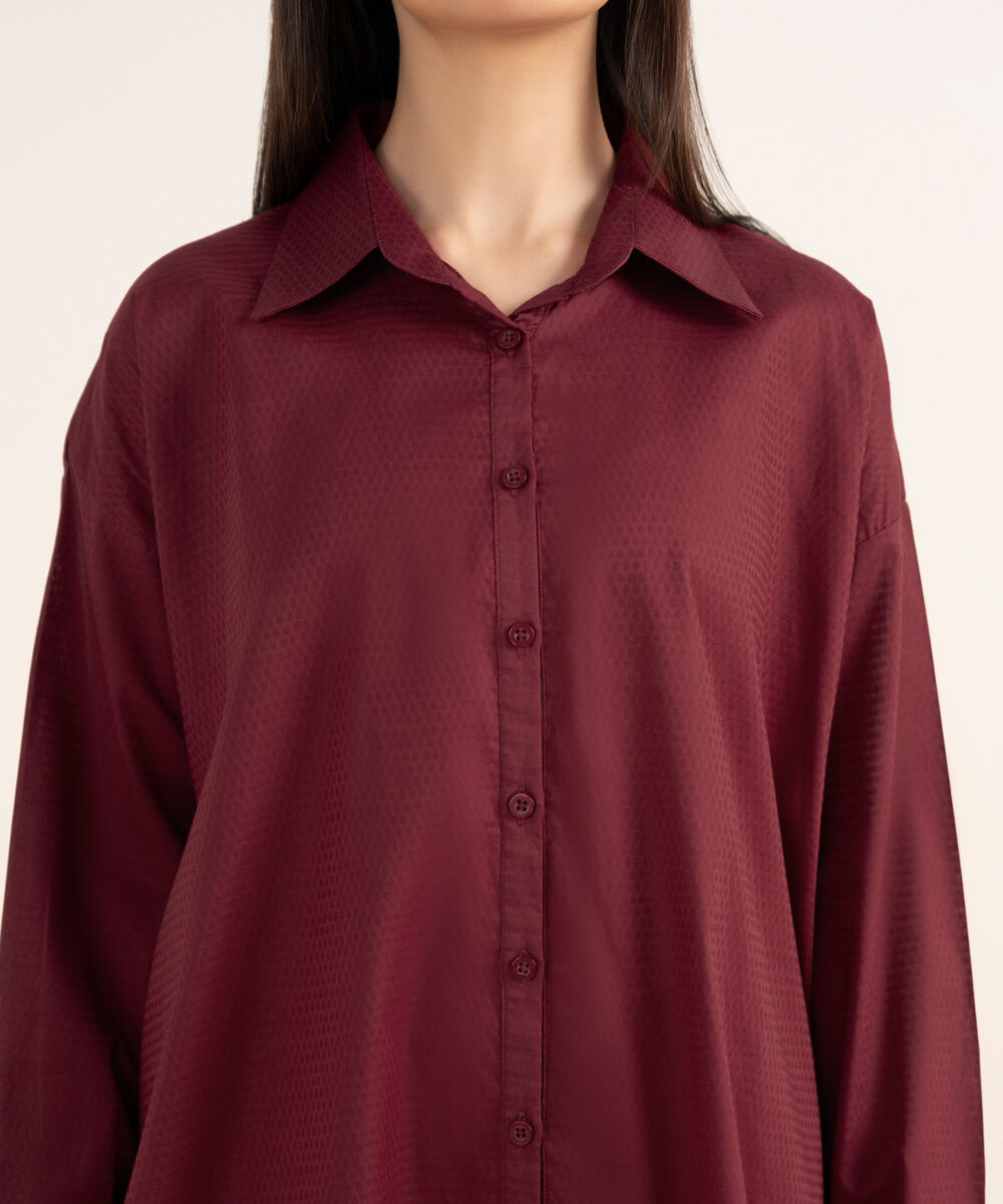 Women's RTW Textured Lawn Maroon Solid Button Down Shirt