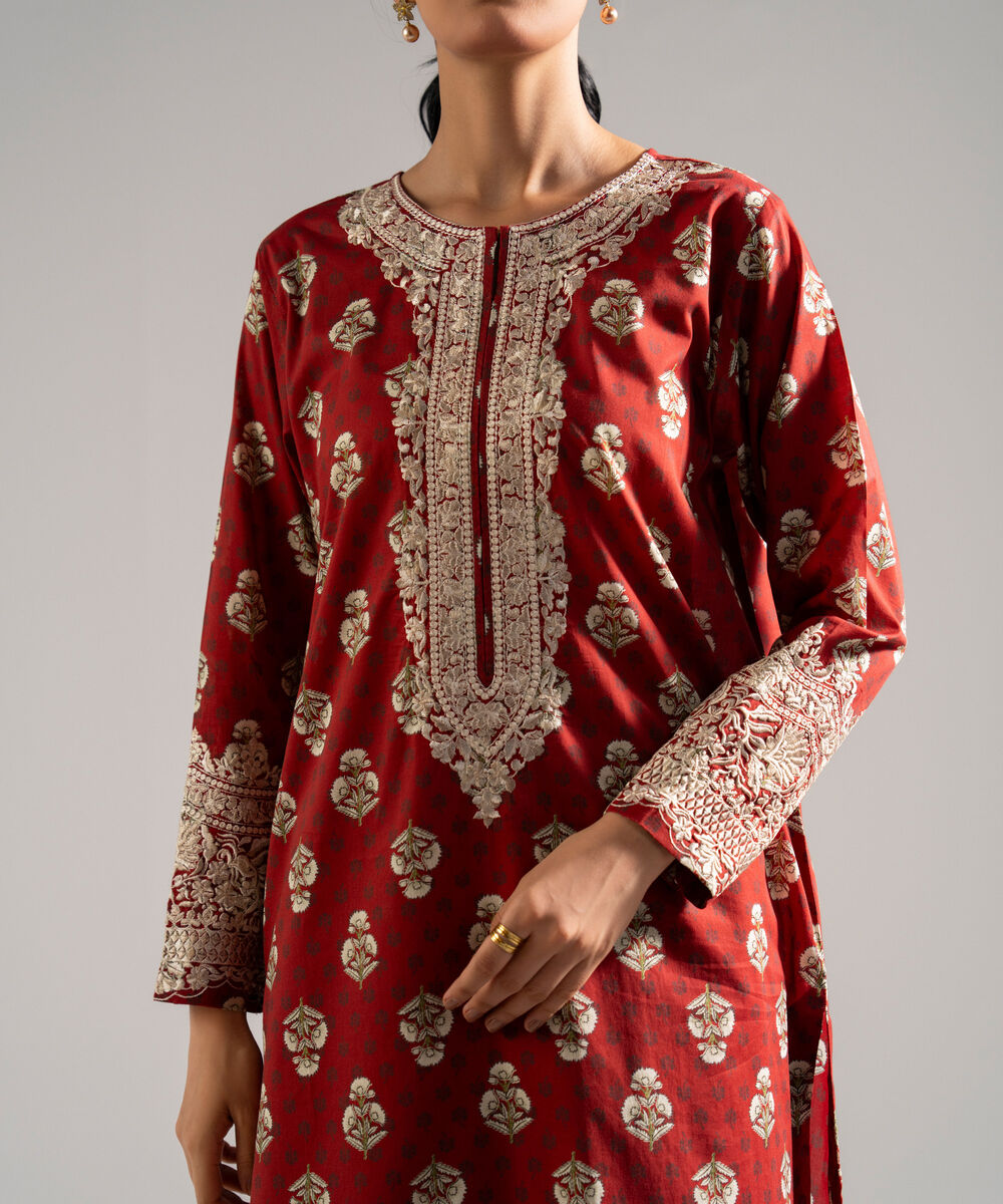 Women's RTW Lawn Embroidered Red 3 Piece Suit