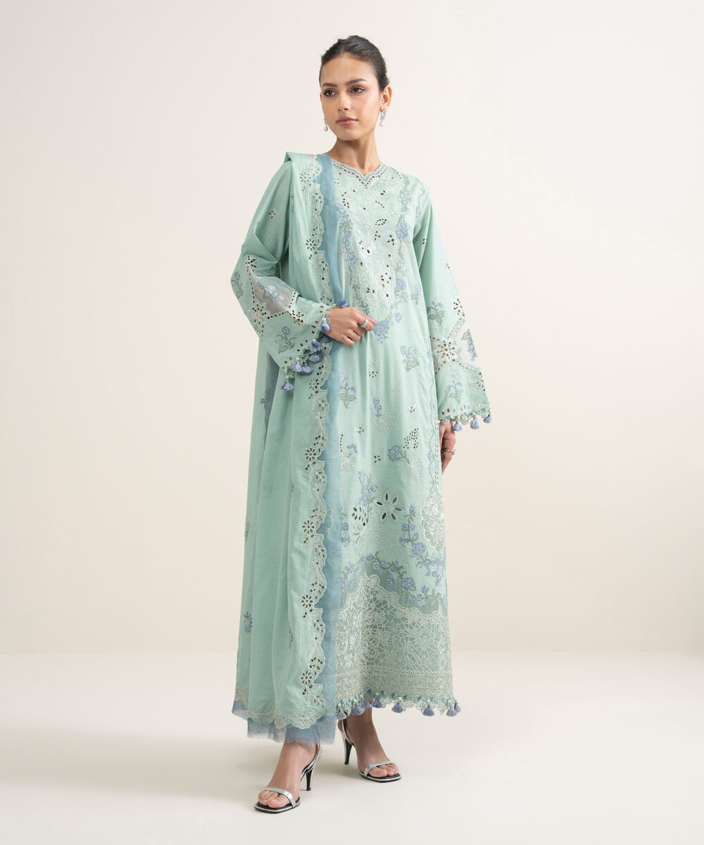 Women's Unstitched Slub Lawn Embroidered Sky Blue 3 Piece Suit