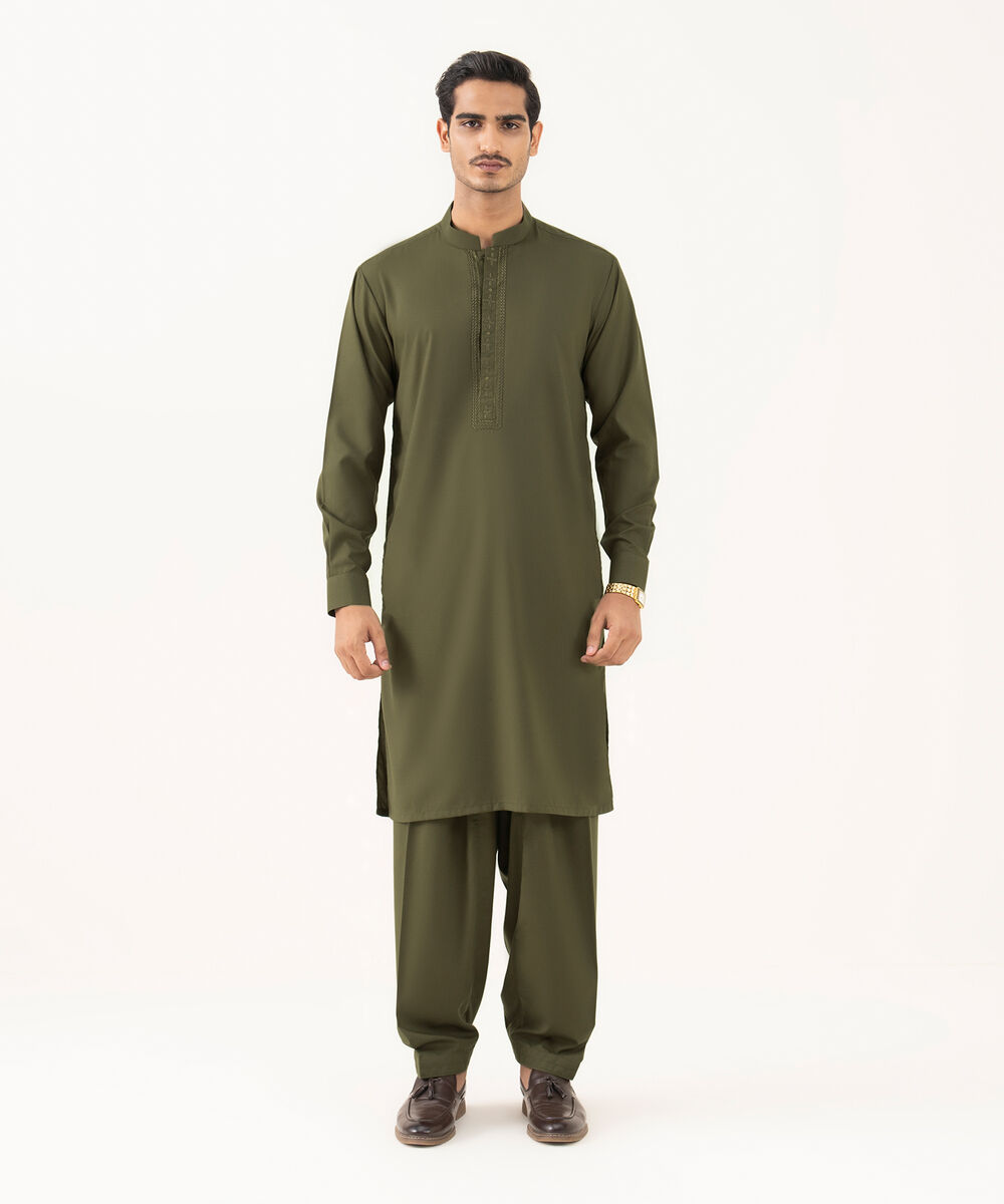 Men's Oxford Embroidered Olive Kurta Shalwar