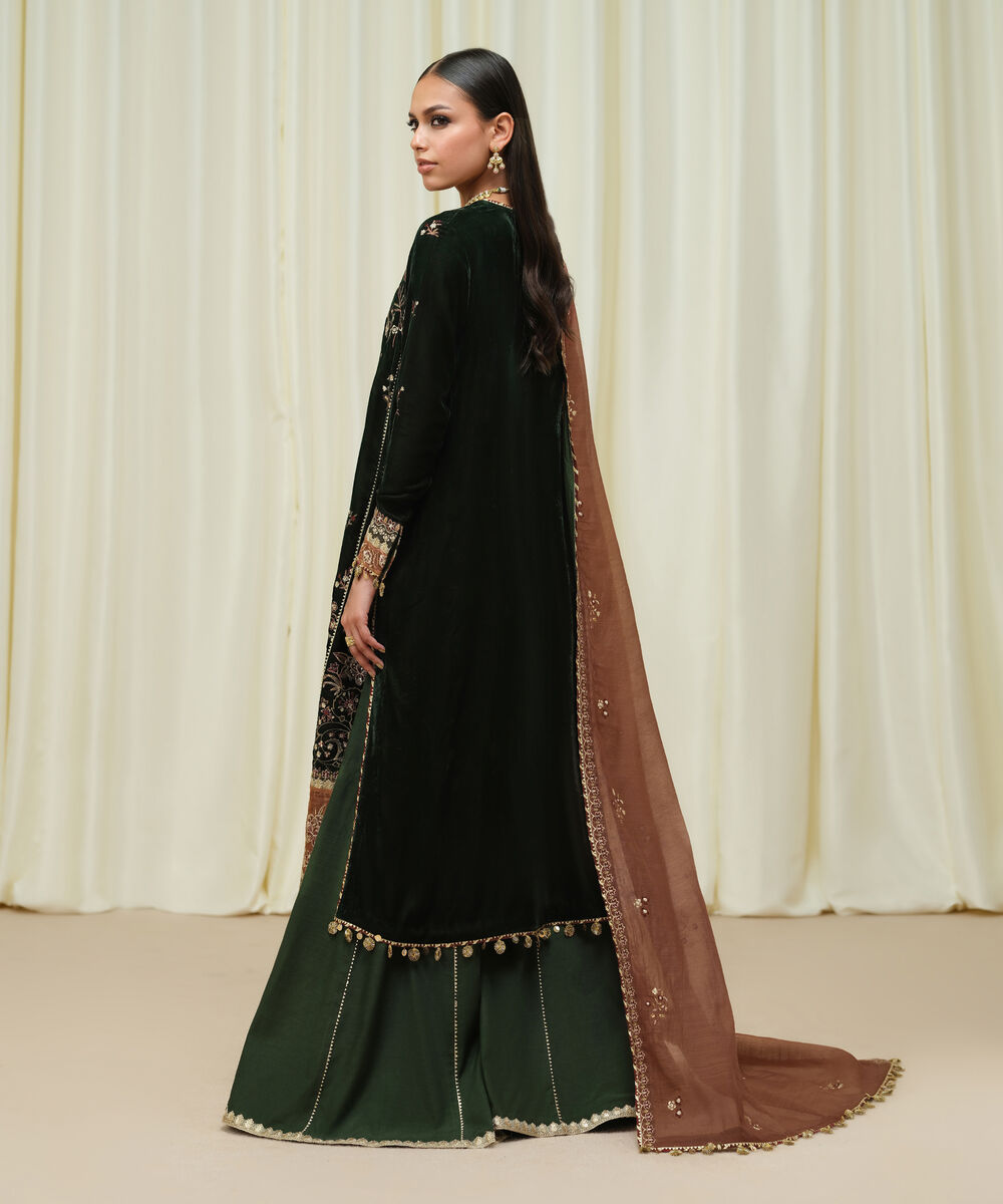 Women's Unstitched Velvet Embroidered Green 3 Piece Suit